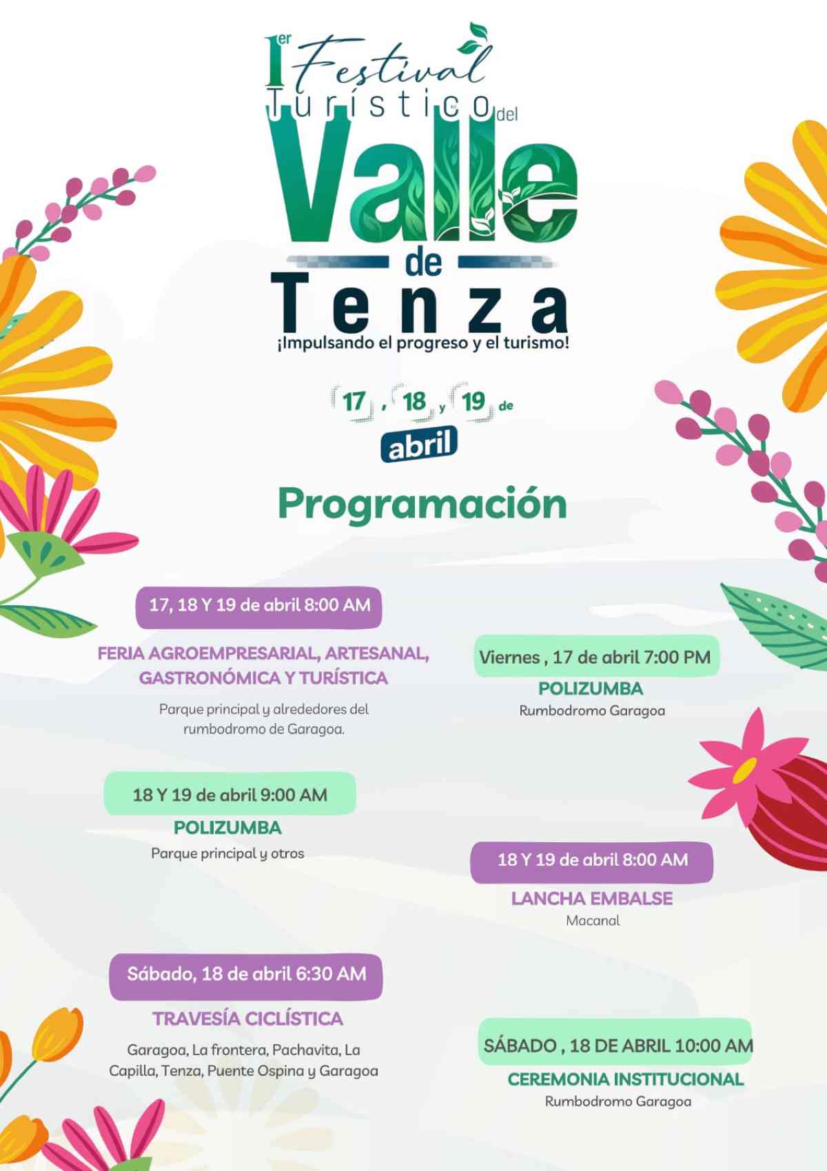 garagoa- primer-festival-turistico-del-valle-de-tenza-programa1 Afiche del 1er Festival Turístico del Valle de Tenza en Garagoa, resaltando artesanías, comida típica y emprendimiento, como también la programación del evento.