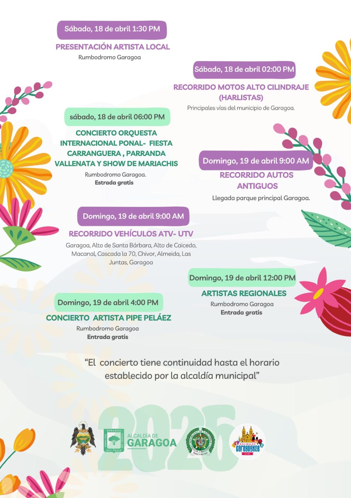 Afiche del 1er Festival Turístico del Valle de Tenza en Garagoa, resaltando artesanías, comida típica y emprendimiento, como también la programación del evento.