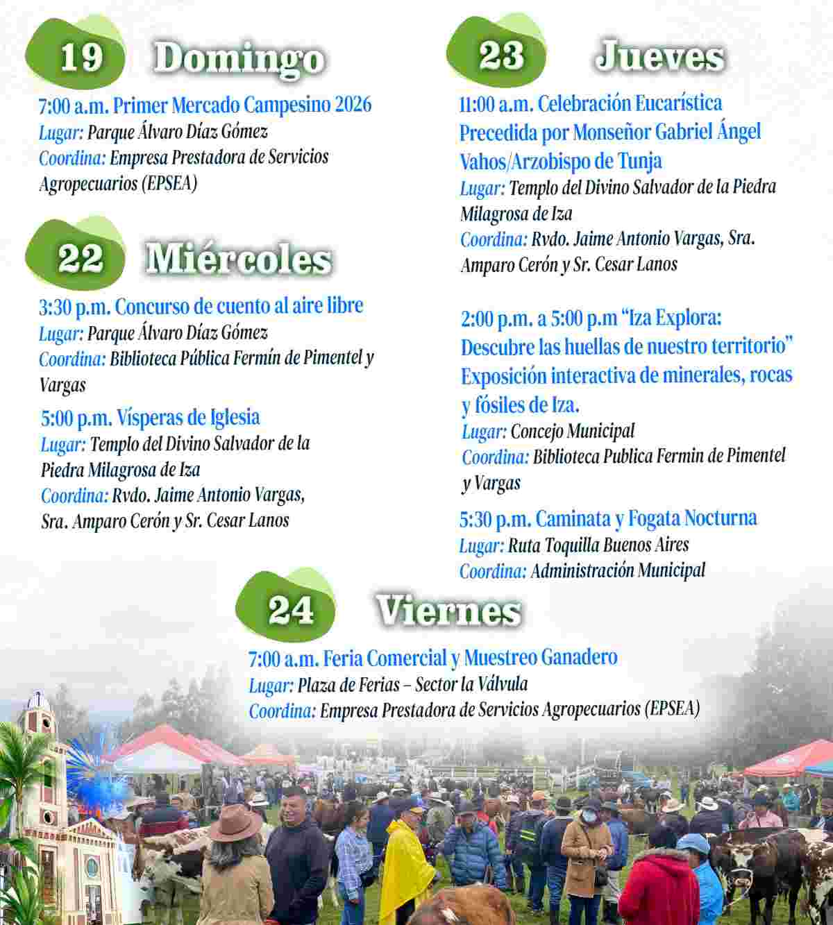 Afiche oficial de las Ferias y Fiestas de Iza 2026, con imágenes del Divino Salvador, la iglesia y artistas invitados.