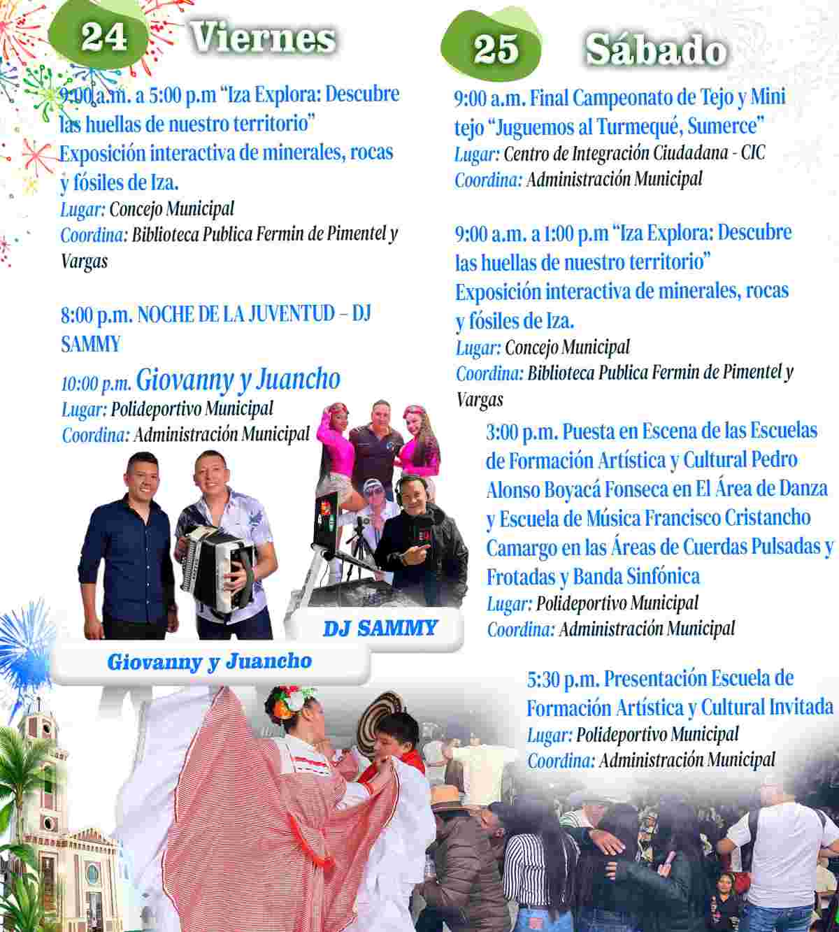 Afiche oficial de las Ferias y Fiestas de Iza 2026, con imágenes del Divino Salvador, la iglesia y artistas invitados.