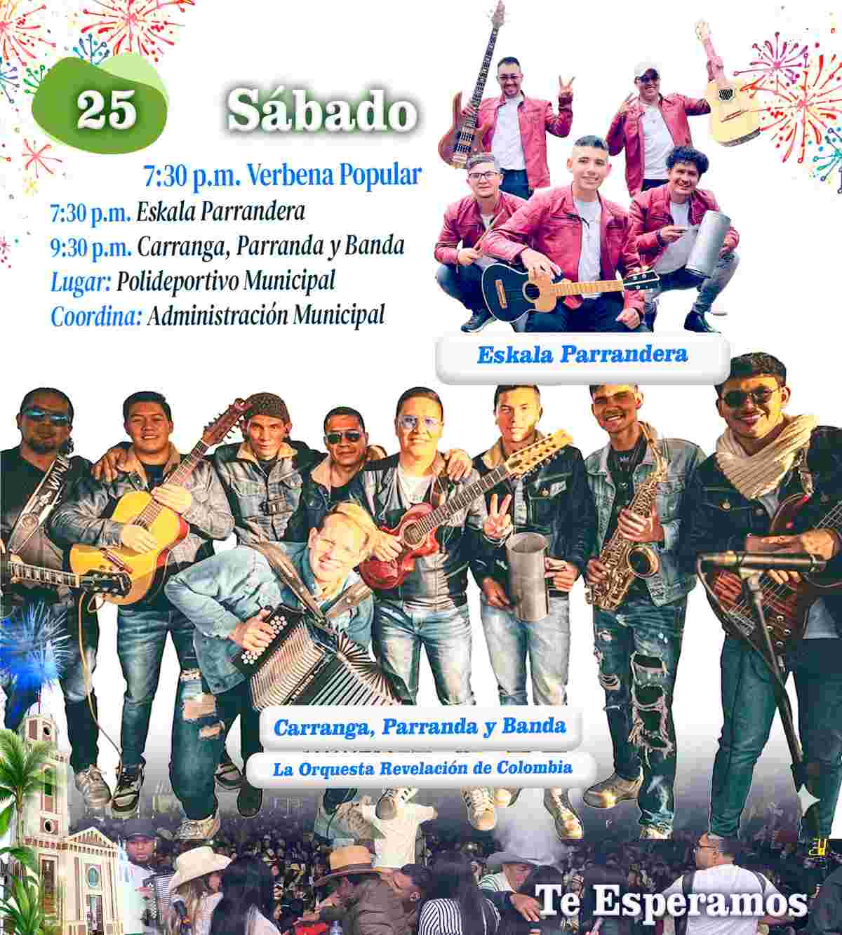 Afiche oficial de las Ferias y Fiestas de Iza 2026, con imágenes del Divino Salvador, la iglesia y artistas invitados.