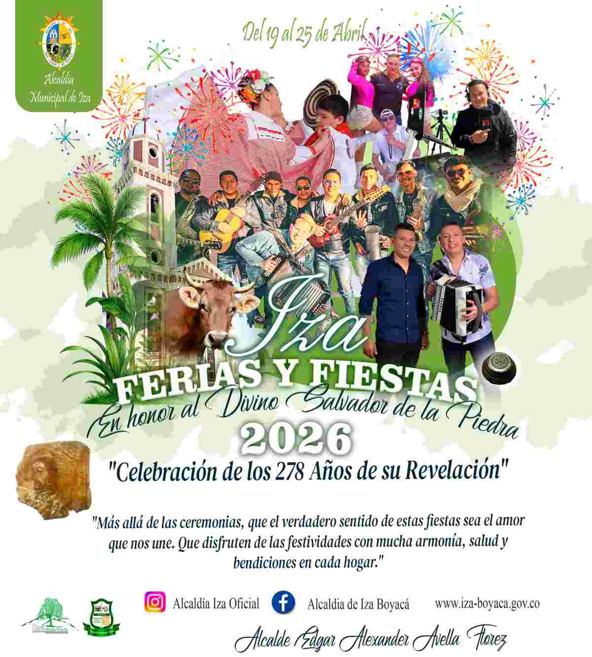 IZA: Ferias y Fiestas en honor al Divino Salvador de la Piedra 2026 Afiche oficial de las Ferias y Fiestas de Iza 2026, con imágenes del Divino Salvador, la iglesia y artistas invitados.