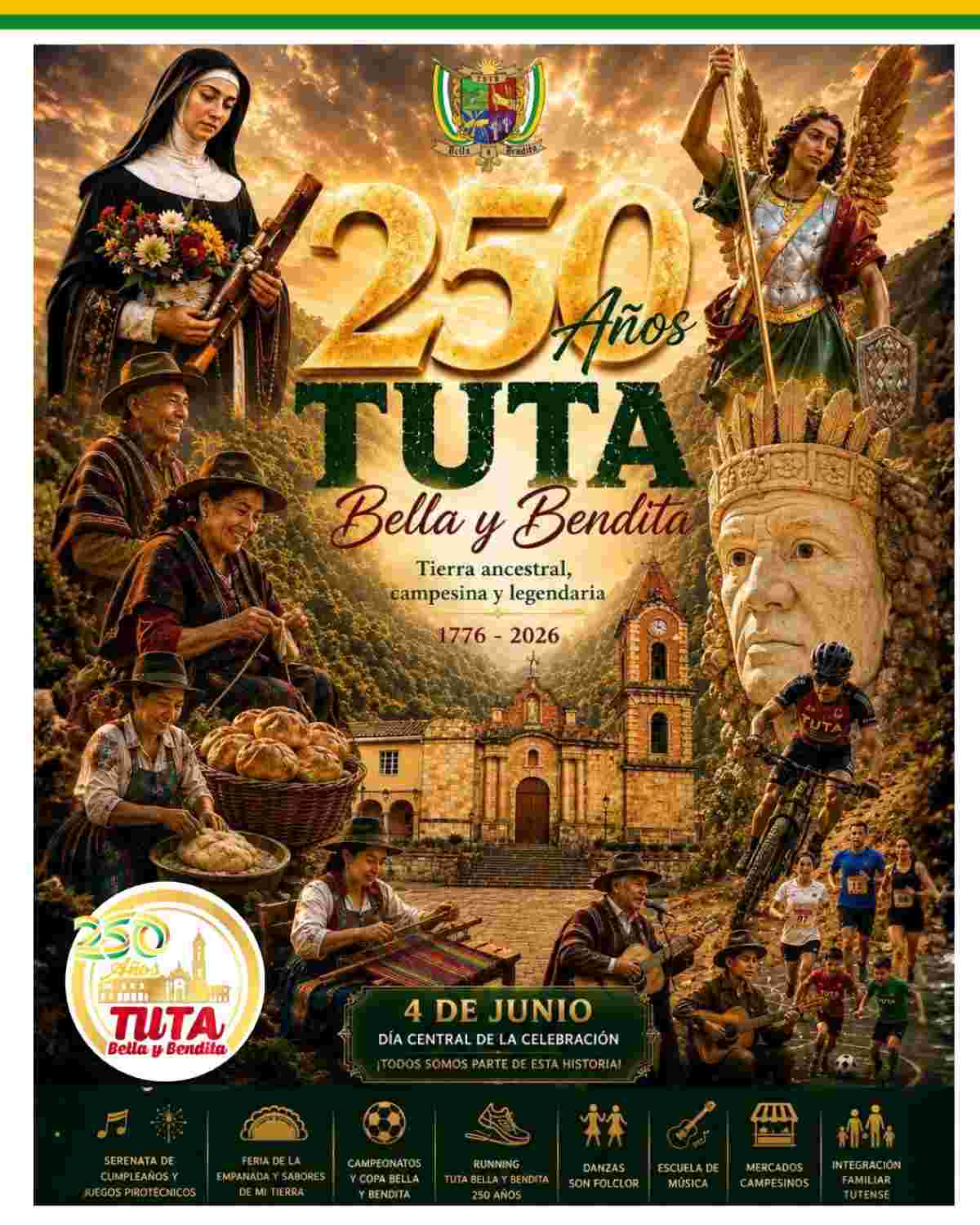 TUTA: Conmemoración Histórica de los 250 Años de Fundación Afiche oficial de la conmemoración de los 250 años del municipio de Tuta, Boyacá, destacando su tradición e historia.