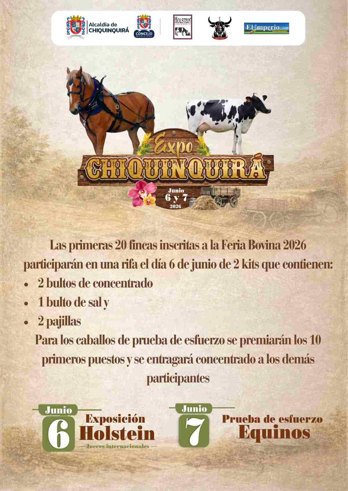Afiche oficial de Expo Chiquinquirá 2026, destacando la Exposición Holstein y la prueba de esfuerzo de equinos.