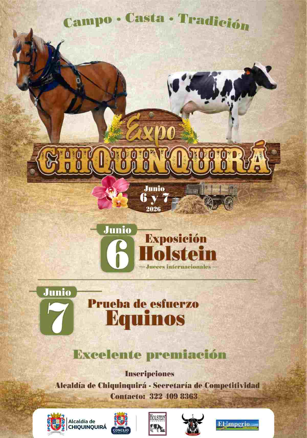 CHIQUINQUIRÁ: Gran Expo Chiquinquirá 2026 Afiche oficial de Expo Chiquinquirá 2026, destacando la Exposición Holstein y la prueba de esfuerzo de equinos.