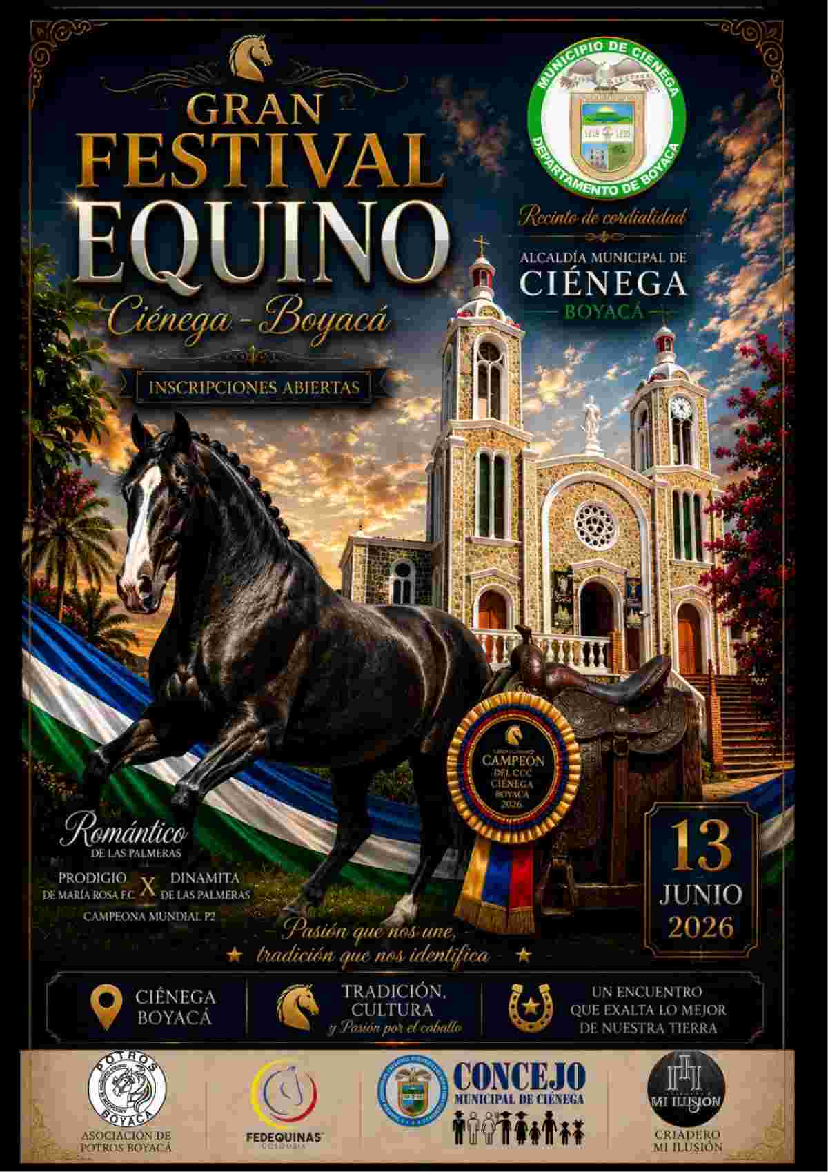 CIÉNEGA: Gran Festival Equino 2026 Afiche oficial del Gran Festival Equino 2026 en Ciénega, Boyacá, ilustrando un caballo negro frente al templo principal del municipio.