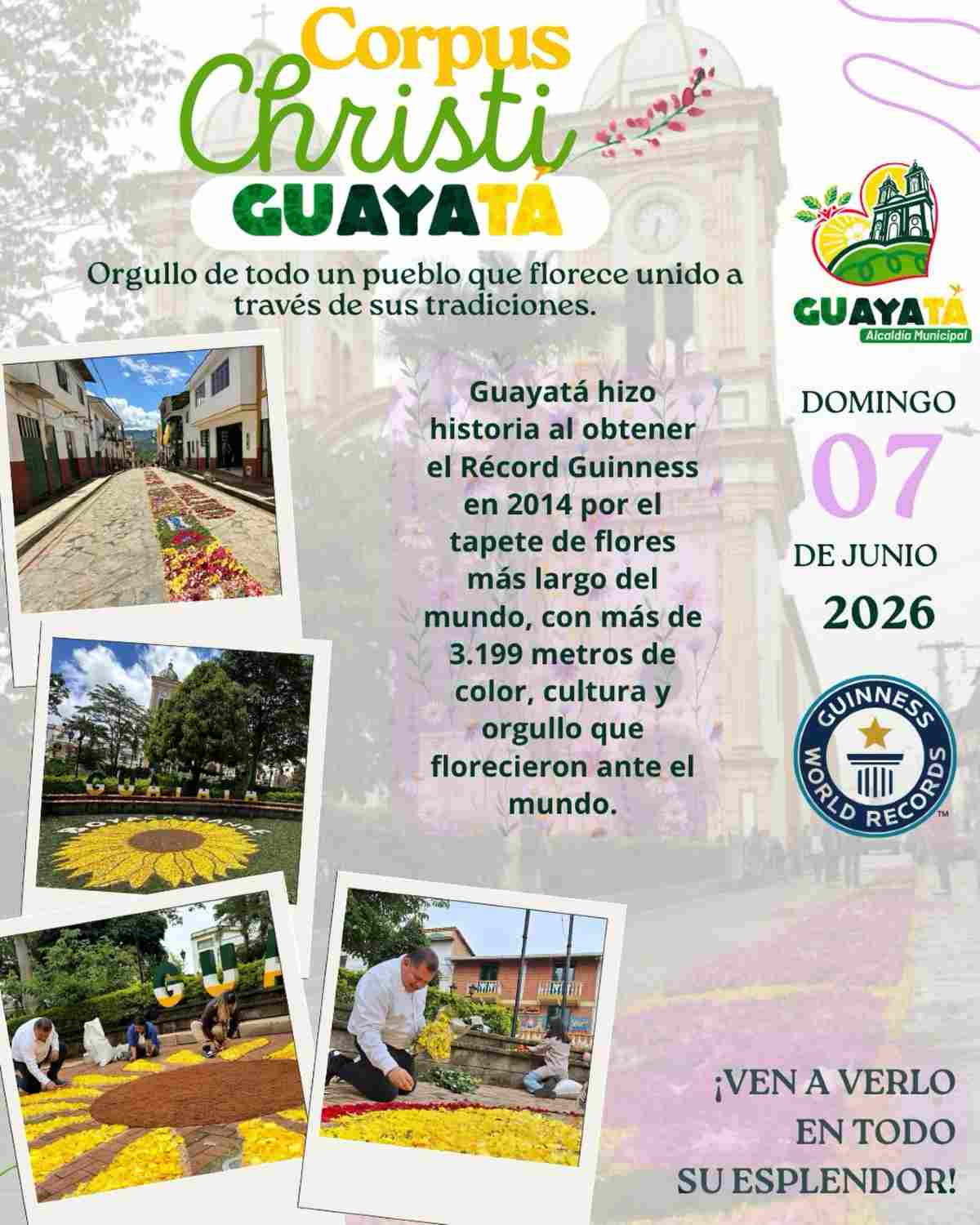 GUAYATÁ: Celebración del Corpus Christi 2026 y sus majestuosos tapetes de flores Afiche oficial del Corpus Christi 2026 en Guayatá, Boyacá, destacando el Récord Guinness de su tapete de flores.