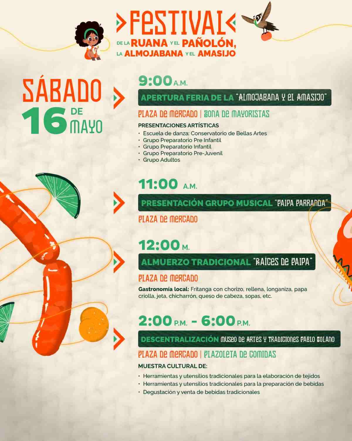 Afiche oficial y programación detallada del Festival de la Ruana y la Almojábana 2026 en Paipa, Boyacá.
