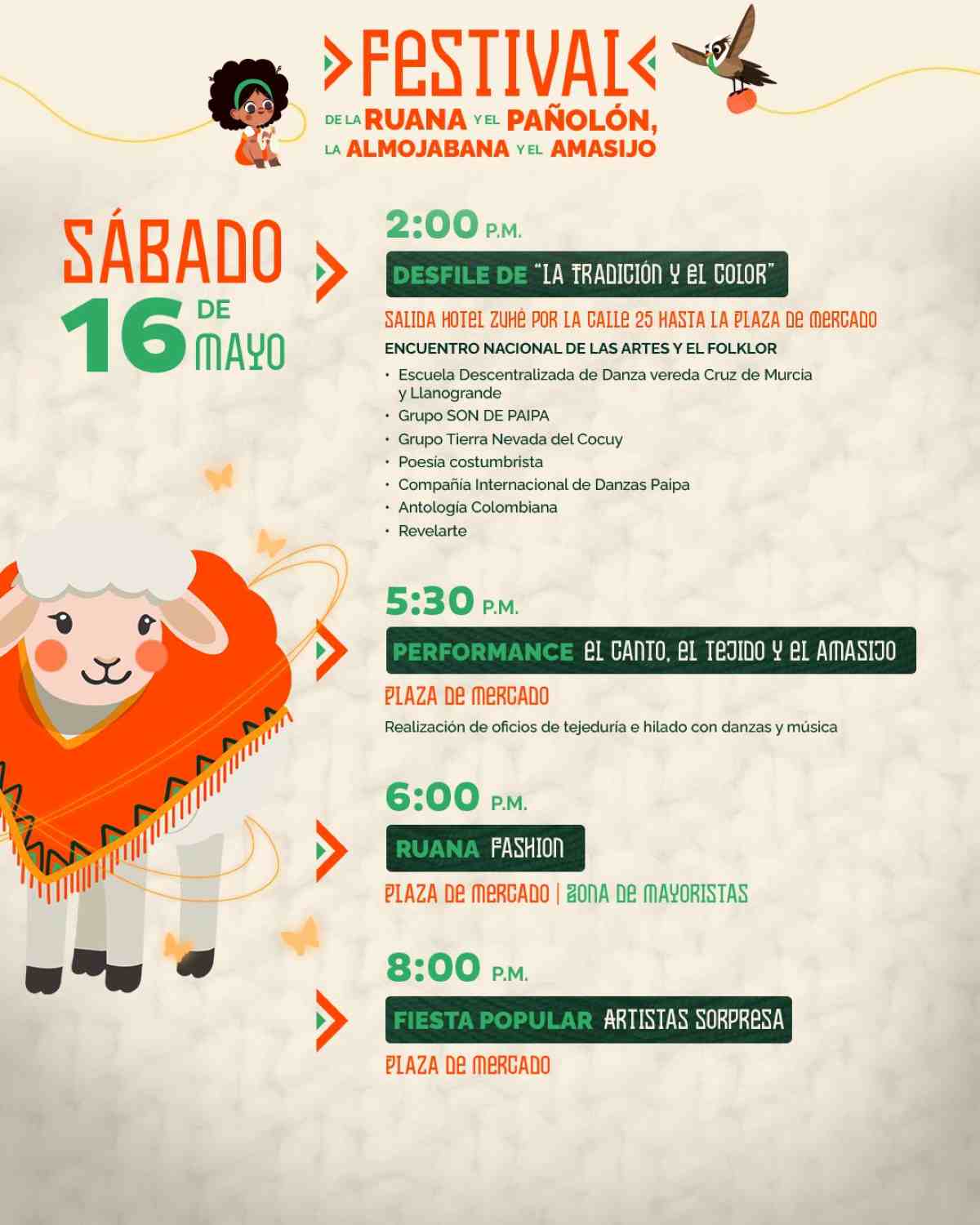 Afiche oficial y programación detallada del Festival de la Ruana y la Almojábana 2026 en Paipa, Boyacá.