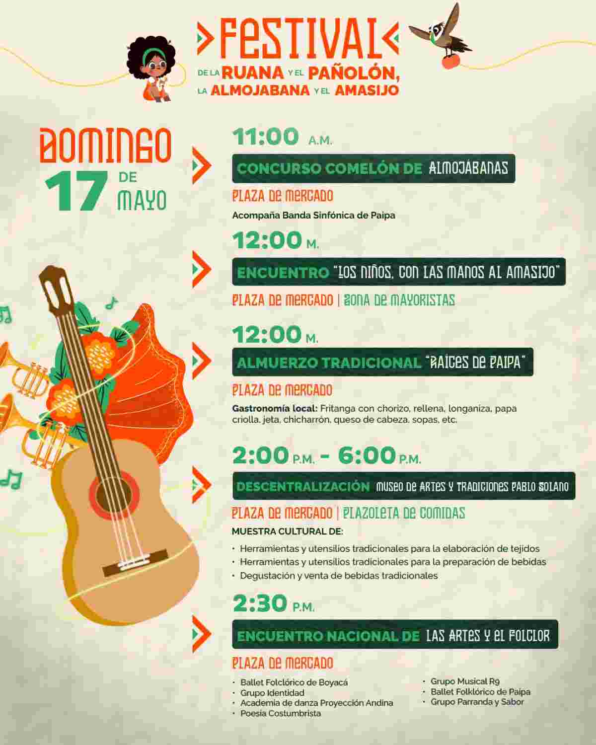 Afiche oficial y programación detallada del Festival de la Ruana y la Almojábana 2026 en Paipa, Boyacá.