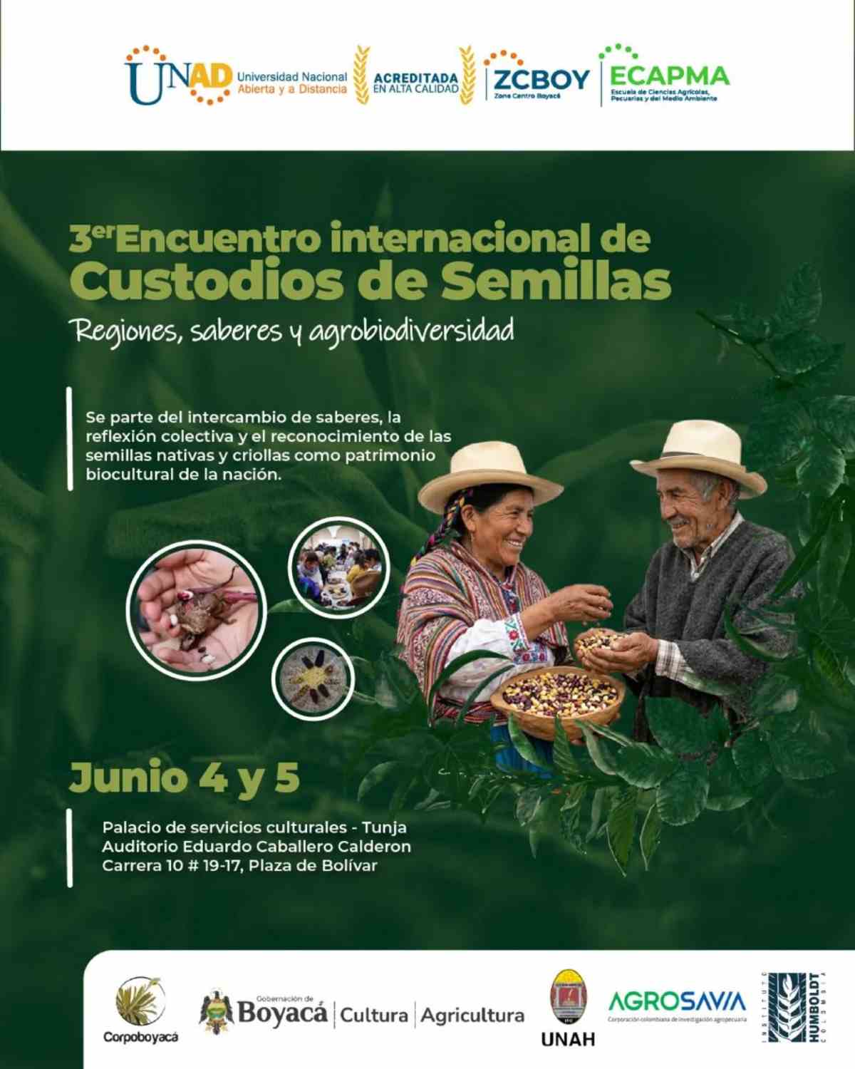TUNJA: 3er Encuentro Internacional de Custodios de Semillas 2026 Afiche oficial del 3er Encuentro Internacional de Custodios de Semillas 2026 en Tunja, Boyacá.