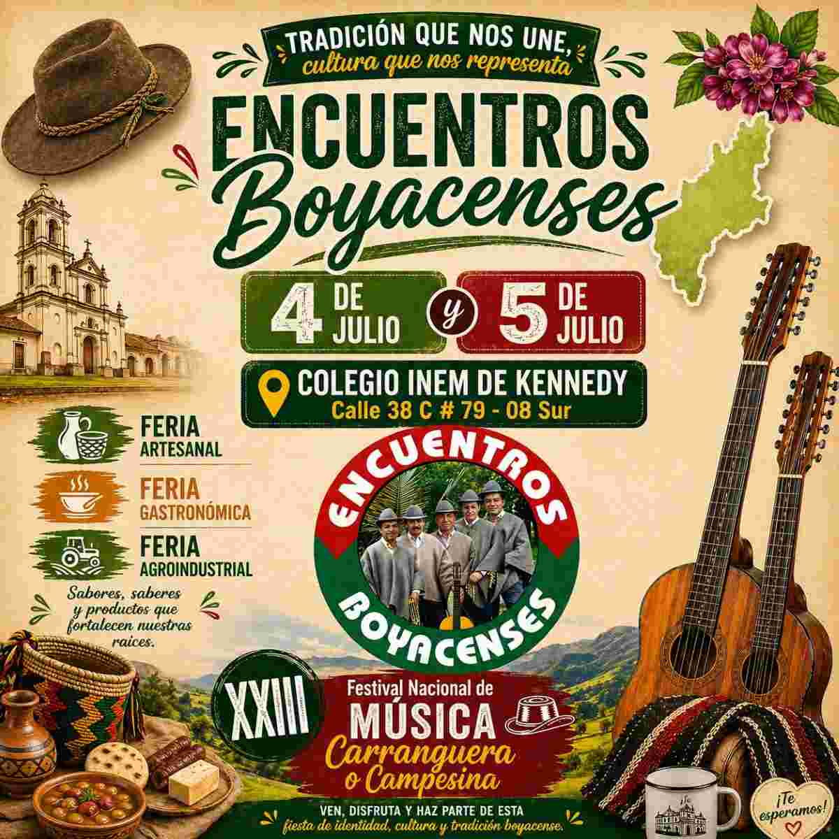BOGOTÁ: Encuentros Boyacenses 2026 y XXIII Festival Nacional de Música Carranguera Afiche oficial de los Encuentros Boyacenses 2026 en Bogotá, destacando el Festival de Música Carranguera y ferias típicas.
