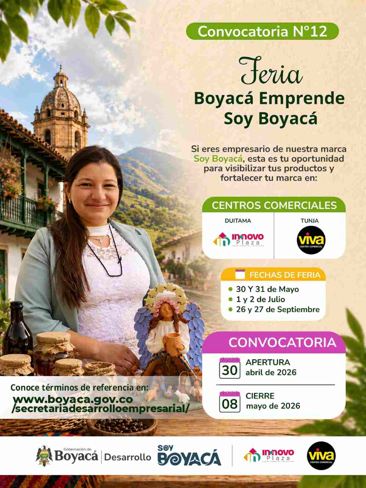 Afiche oficial de la Convocatoria N°12 Feria Boyacá Emprende Soy Boyacá 2026 con fechas de cierre y lugares de realización.