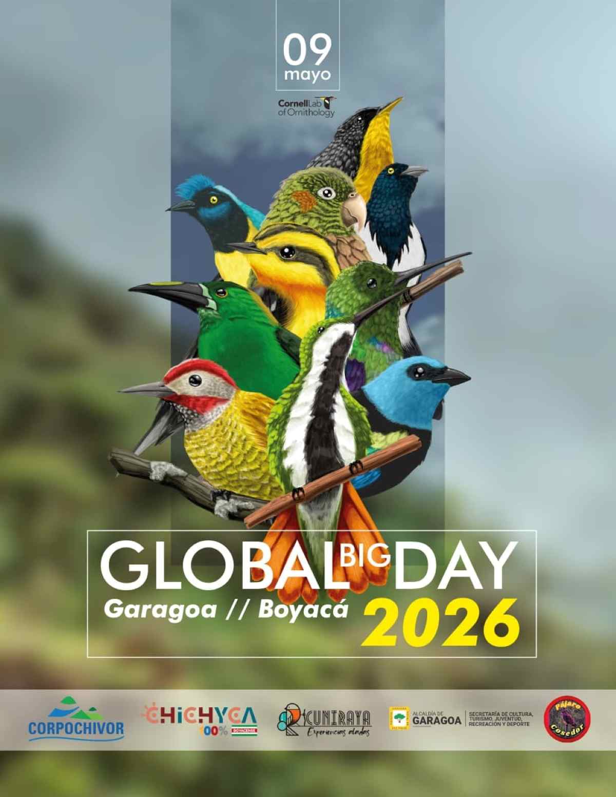 Afiche oficial del Global Big Day 2026 en Garagoa, Boyacá, con diversas especies de aves coloridas.