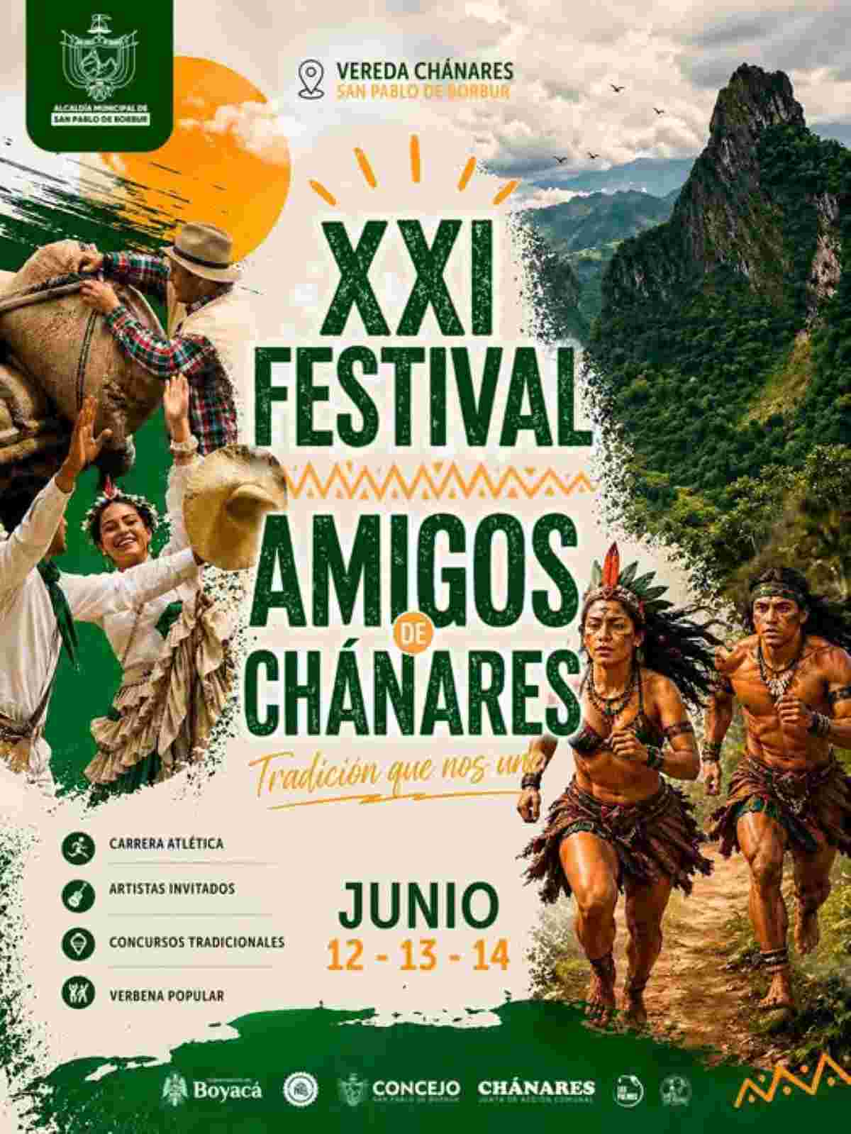 Afiche oficial del XXI Festival Amigos de Chánares en San Pablo de Borbur, Boyacá, con imágenes de danza y cerros Fura y Tena.