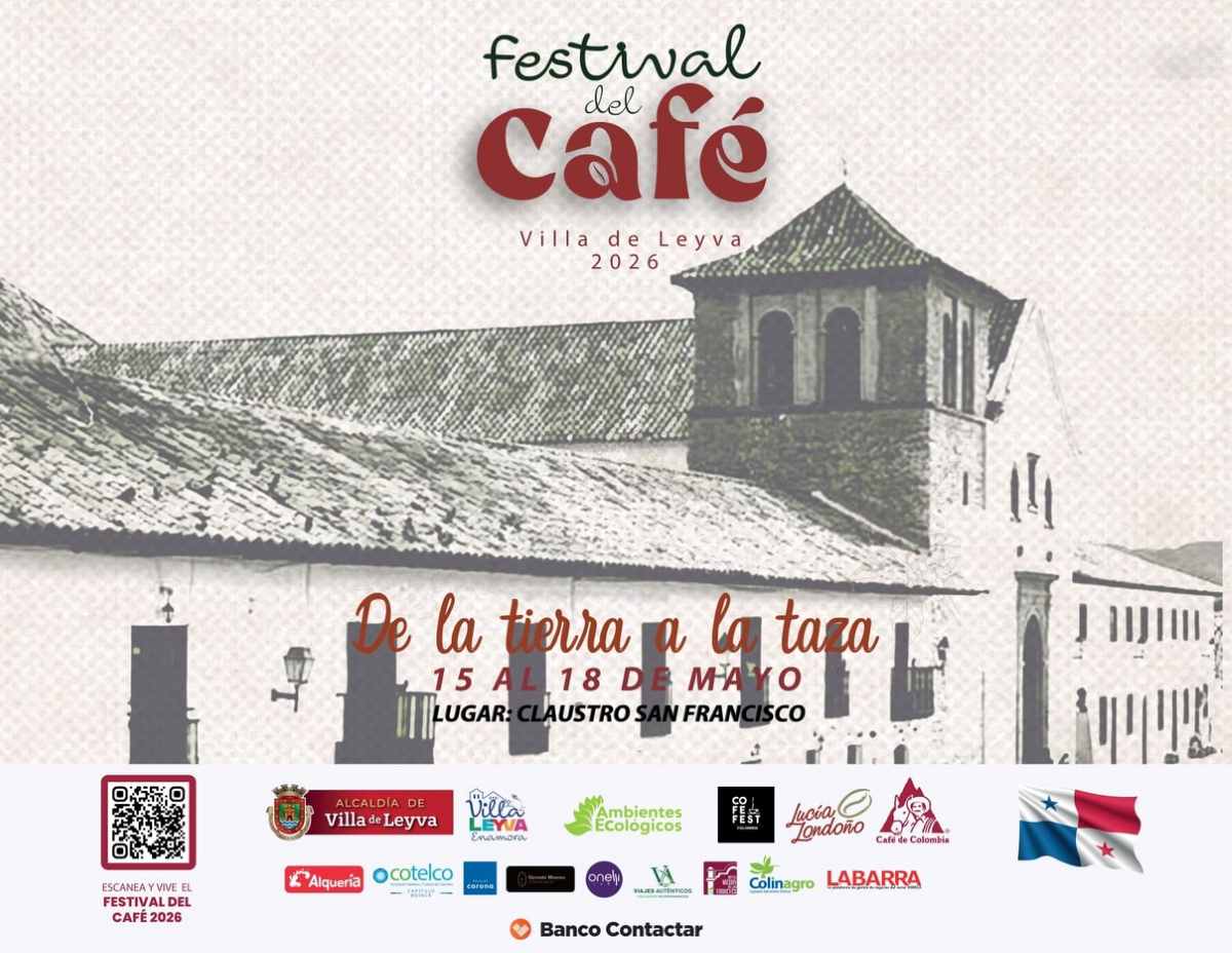 Afiche oficial y programación del Festival del Café 2026 en Villa de Leyva, Boyacá, con eventos en el Claustro San Francisco.