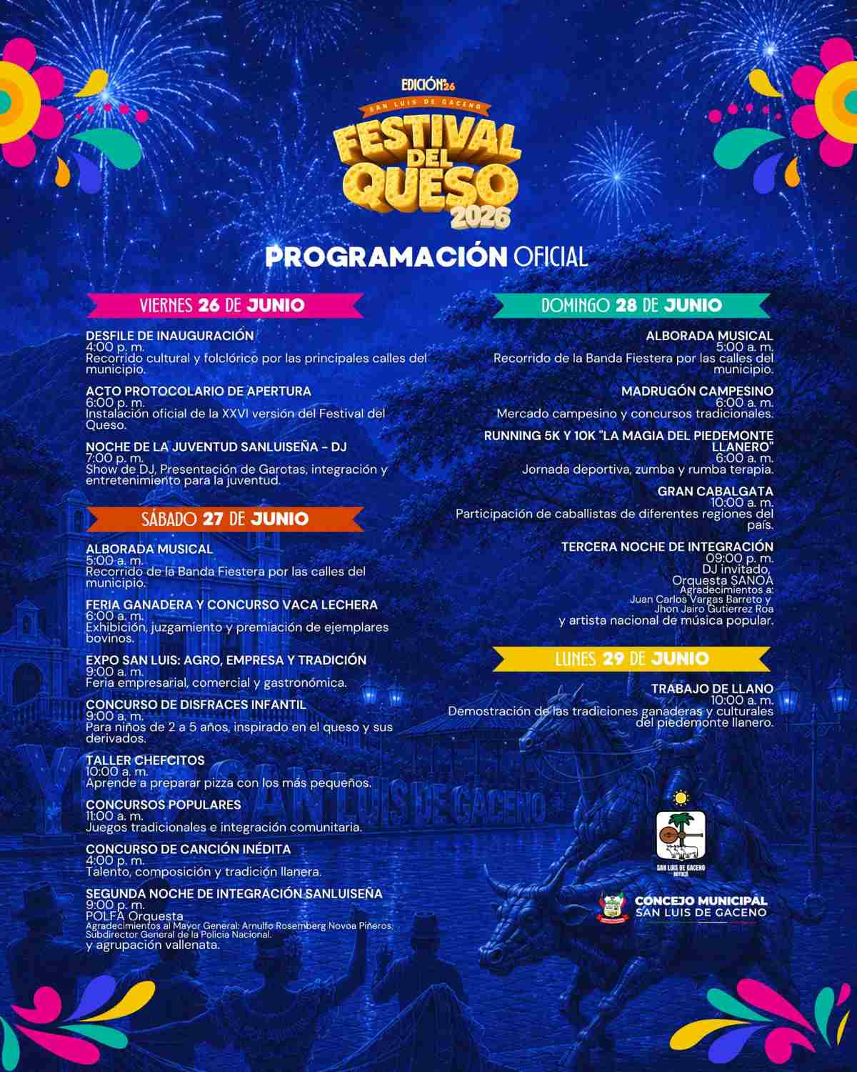 Afiche institucional y cartelera de actividades para el XXVI Festival del Queso 2026 en San Luis de Gaceno, Boyacá, detallando los eventos de junio.