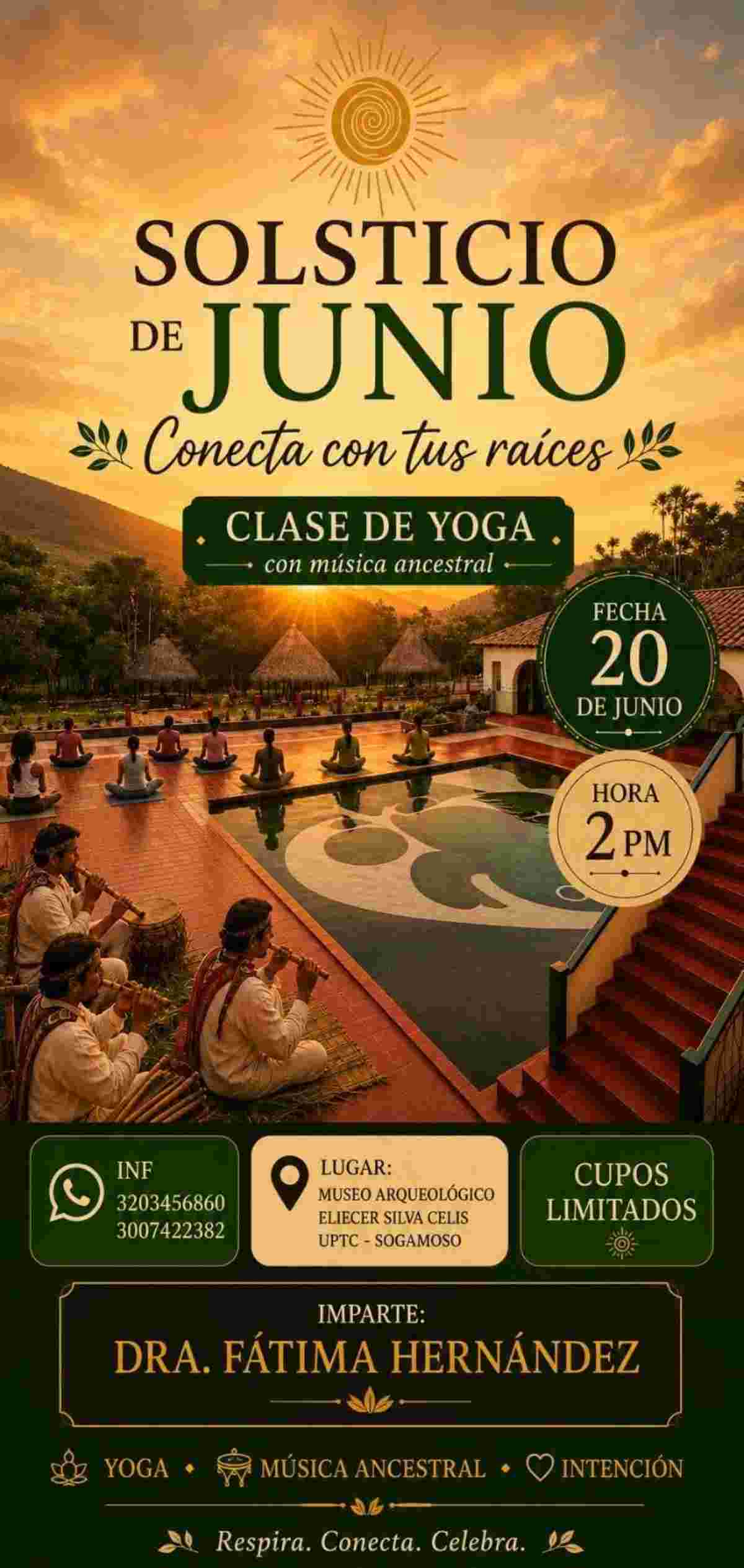 Afiches oficiales de la celebración del Solsticio de Junio 2026 en el Museo Arqueológico de Sogamoso, detallando la caminata y los rituales.