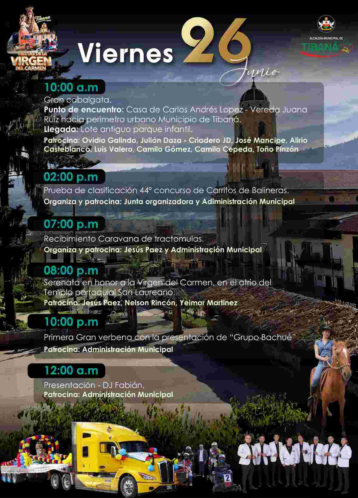 Afiche oficial de las Fiestas de la Virgen del Carmen y Concurso de Tractomulas 2026 en Tibaná, Boyacá.