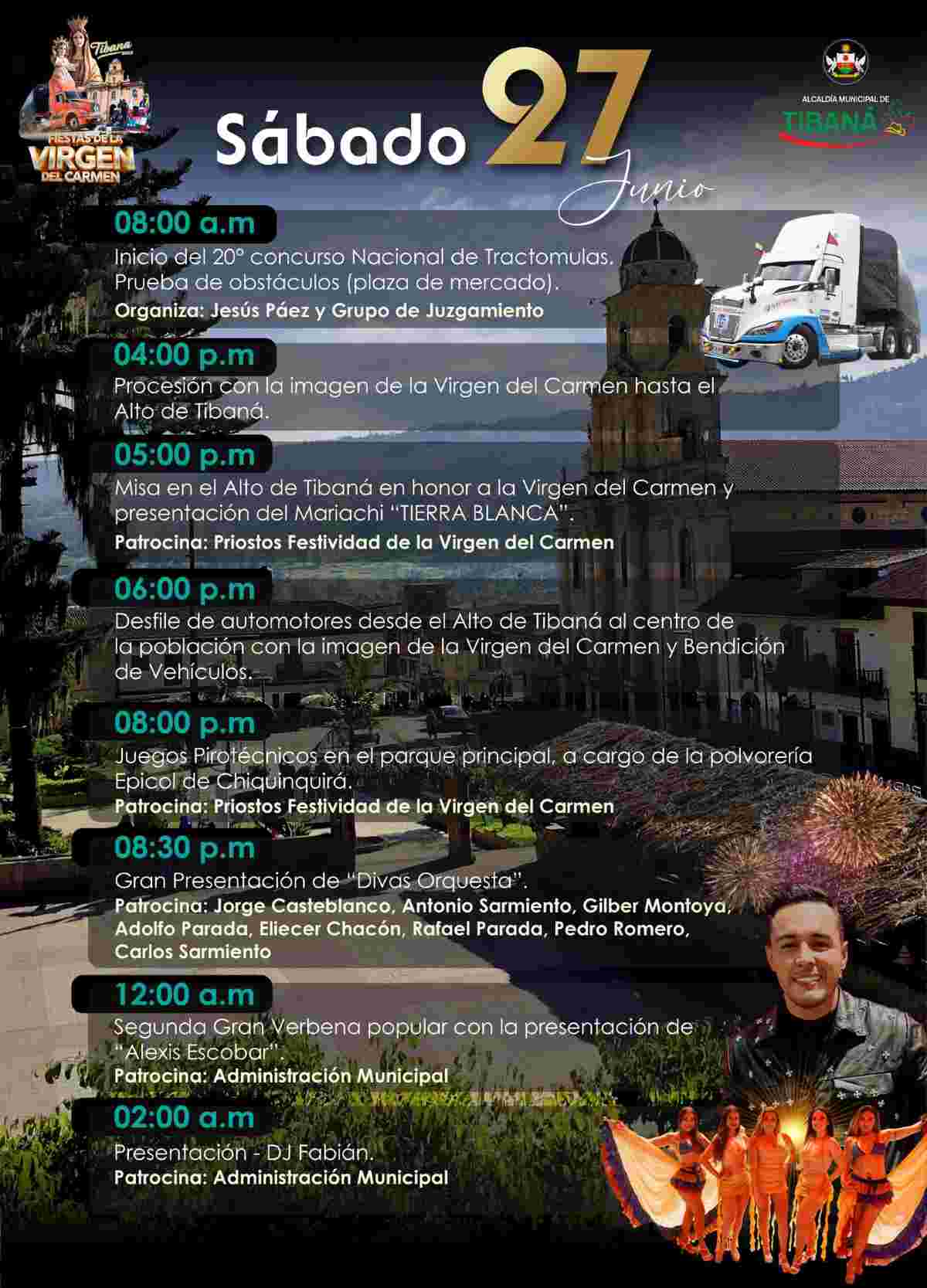 Afiche oficial de las Fiestas de la Virgen del Carmen y Concurso de Tractomulas 2026 en Tibaná, Boyacá.