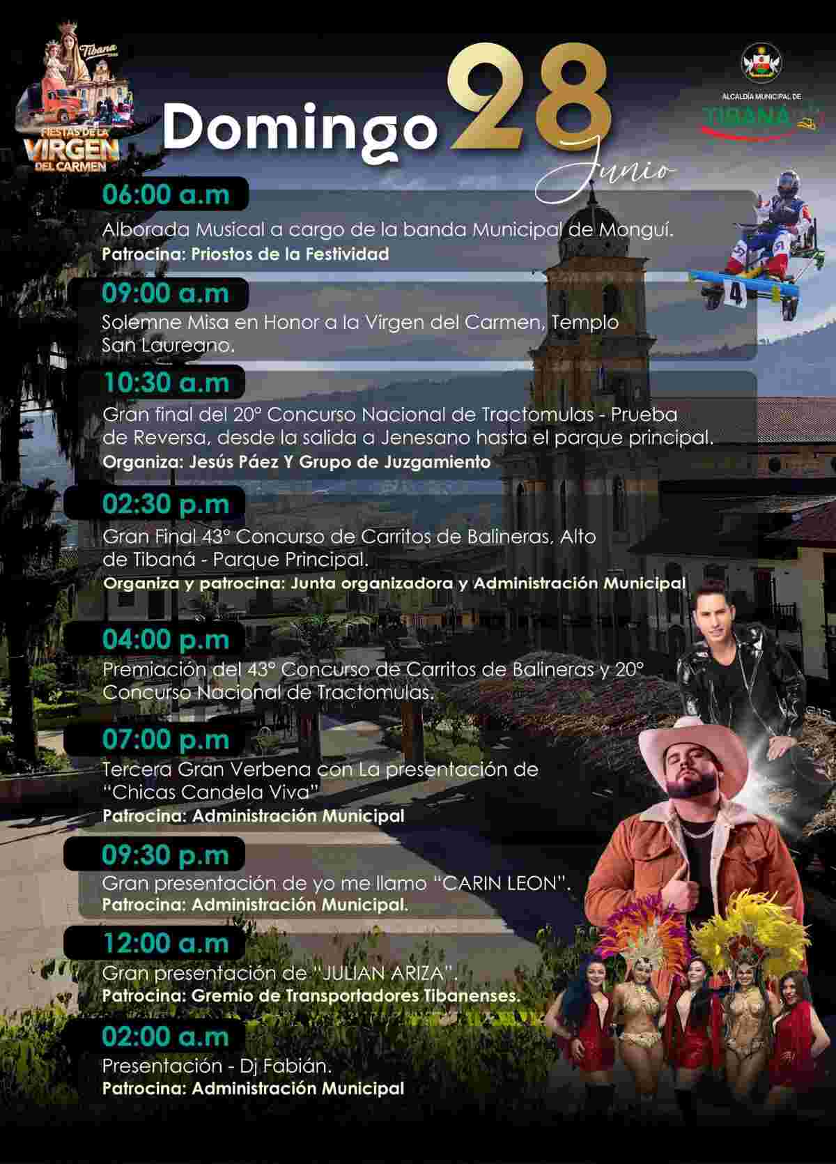 Afiche oficial de las Fiestas de la Virgen del Carmen y Concurso de Tractomulas 2026 en Tibaná, Boyacá.