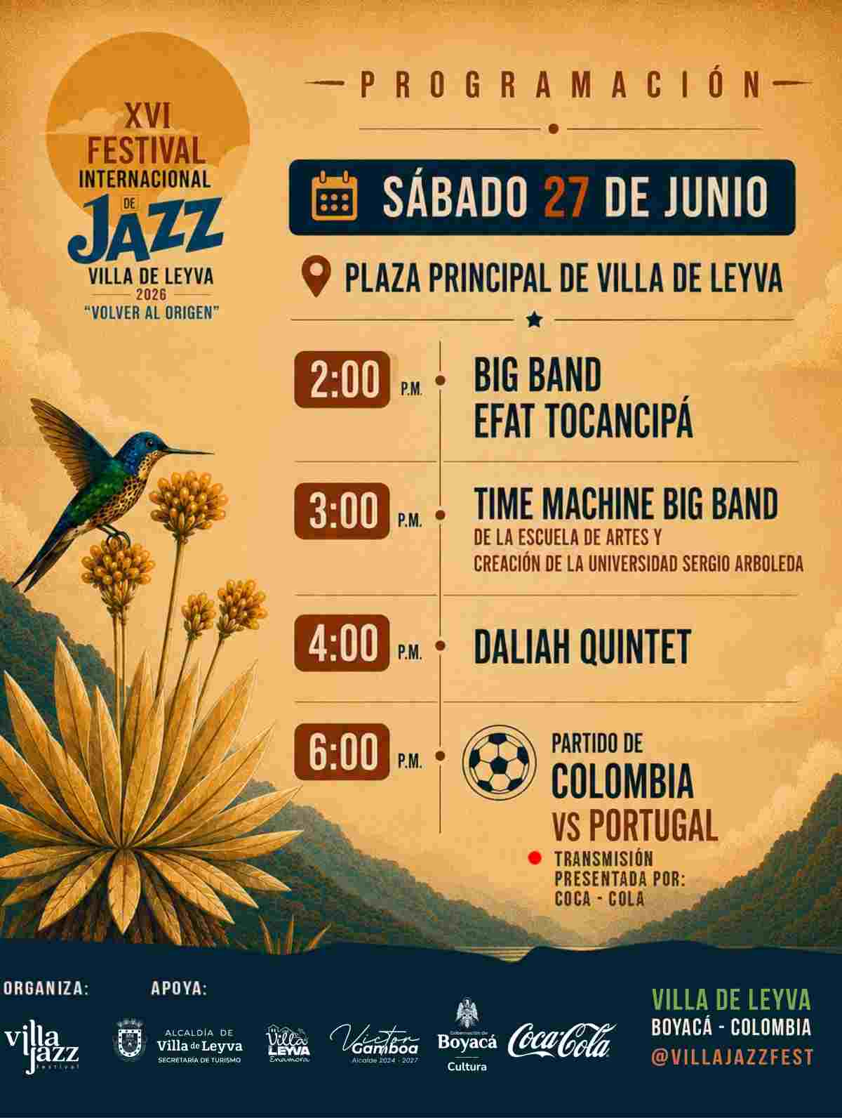 Afiche oficial del XVI Festival Internacional de Jazz 2026 en Villa de Leyva, Boyacá, ilustrando un colibrí, frailejones y un saxofón