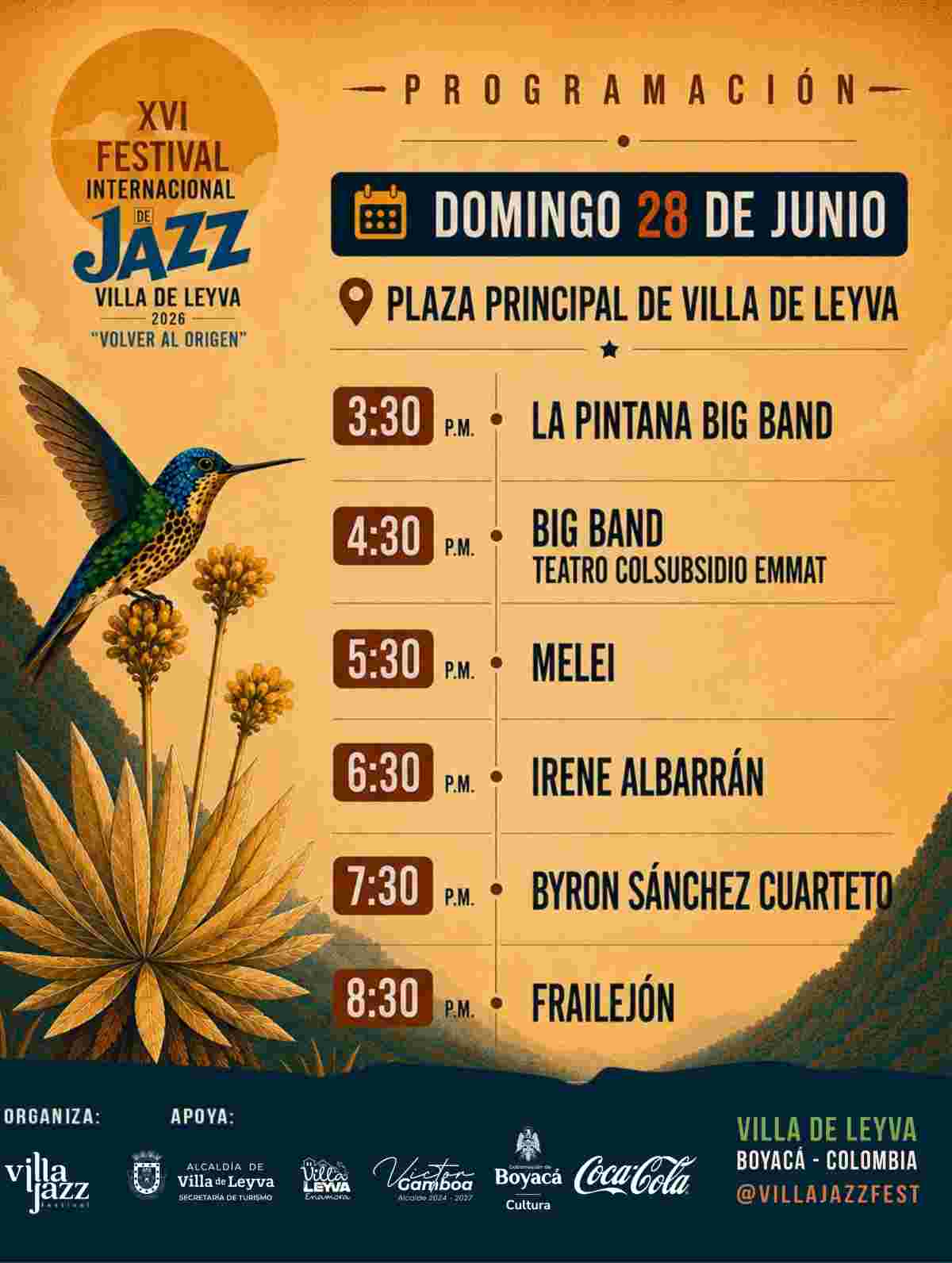 Afiche oficial del XVI Festival Internacional de Jazz 2026 en Villa de Leyva, Boyacá, ilustrando un colibrí, frailejones y un saxofón