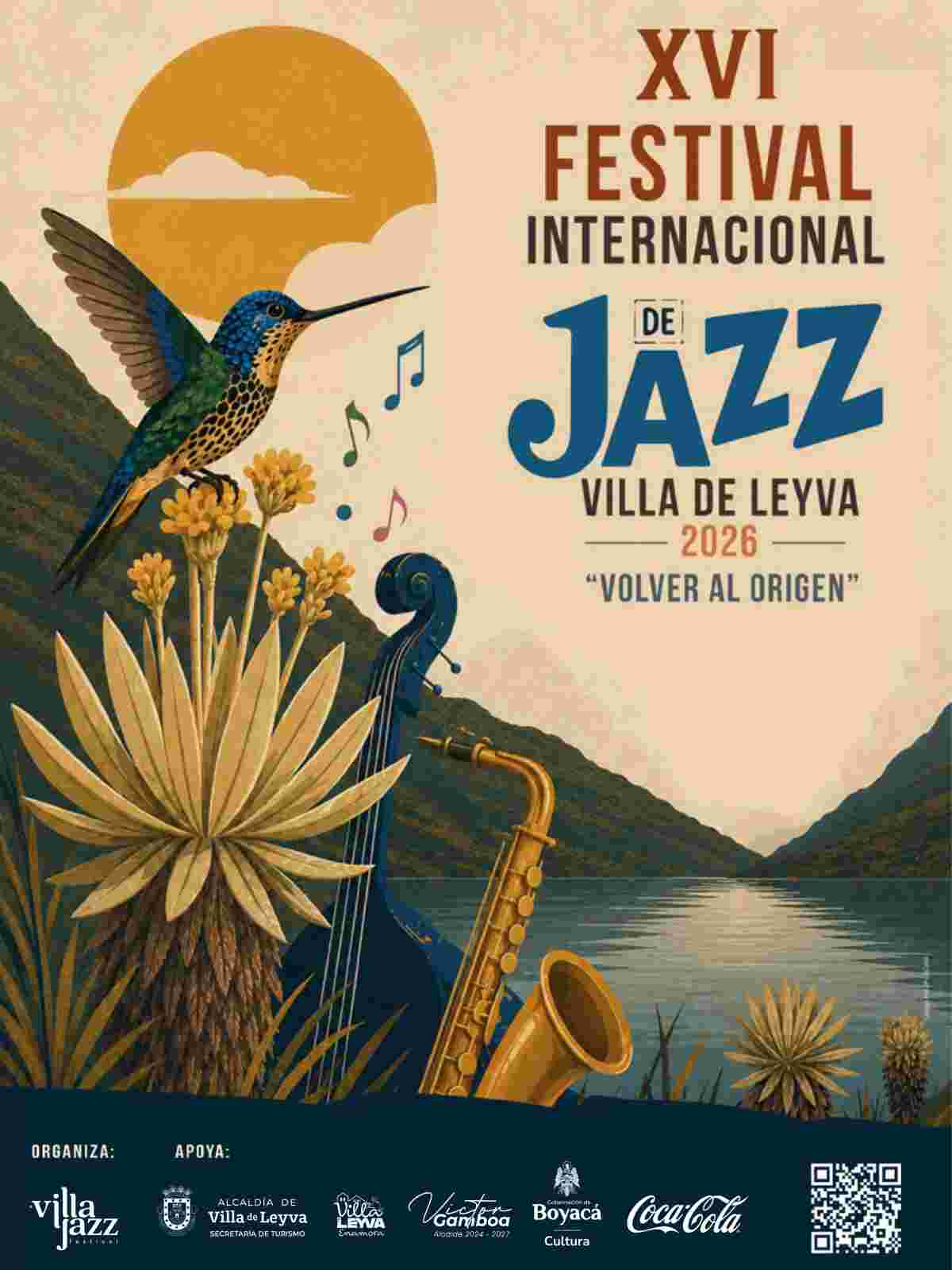 VILLA DE LEYVA: Programación del XVI Festival Internacional de Jazz 2026 Afiche oficial del XVI Festival Internacional de Jazz 2026 en Villa de Leyva, Boyacá, ilustrando un colibrí, frailejones y un saxofón