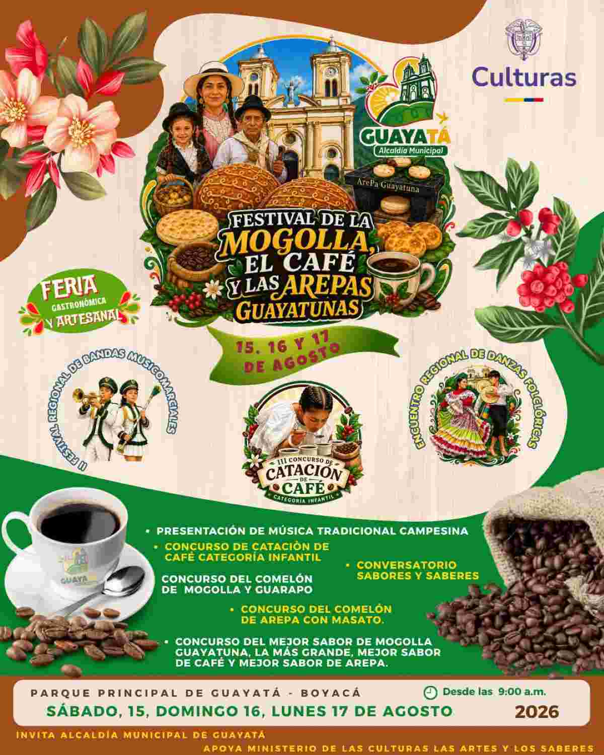 GUAYATÁ: Festival de la Mogolla, el Café y las Arepas Guayatunas 2026 Afiche de presentación y avance de actividades para el Festival de la Mogolla, el Café y las Arepas Guayatunas 2026 en Guayatá, Boyacá.