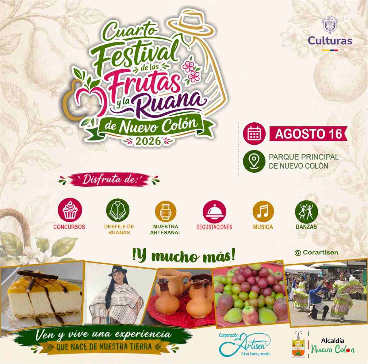 NUEVO COLÓN: Cuarto Festival de las Frutas y la Ruana 2026 Afiche oficial del Cuarto Festival de las Frutas y la Ruana 2026 en Nuevo Colón, Boyacá.