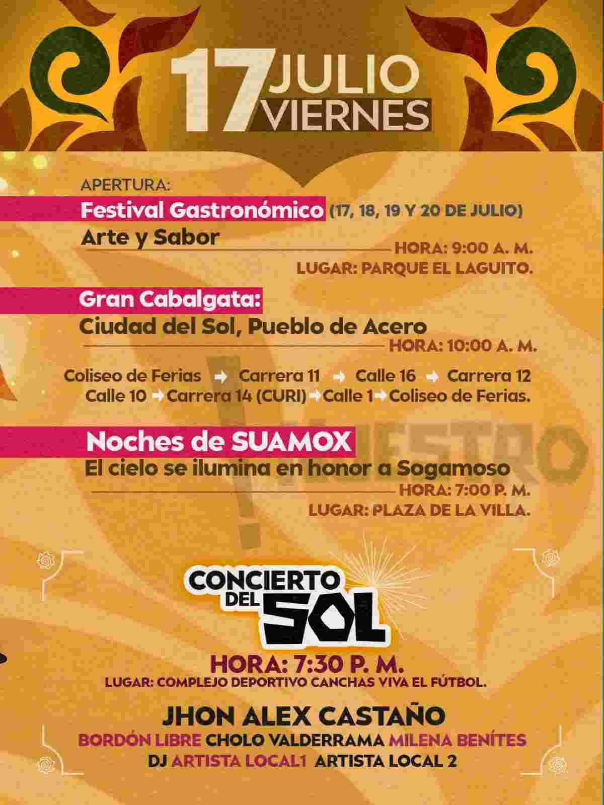 Programación oficial y conciertos día por día del Festival Internacional del Sol y del Acero 2026 en Sogamoso, Boyacá.