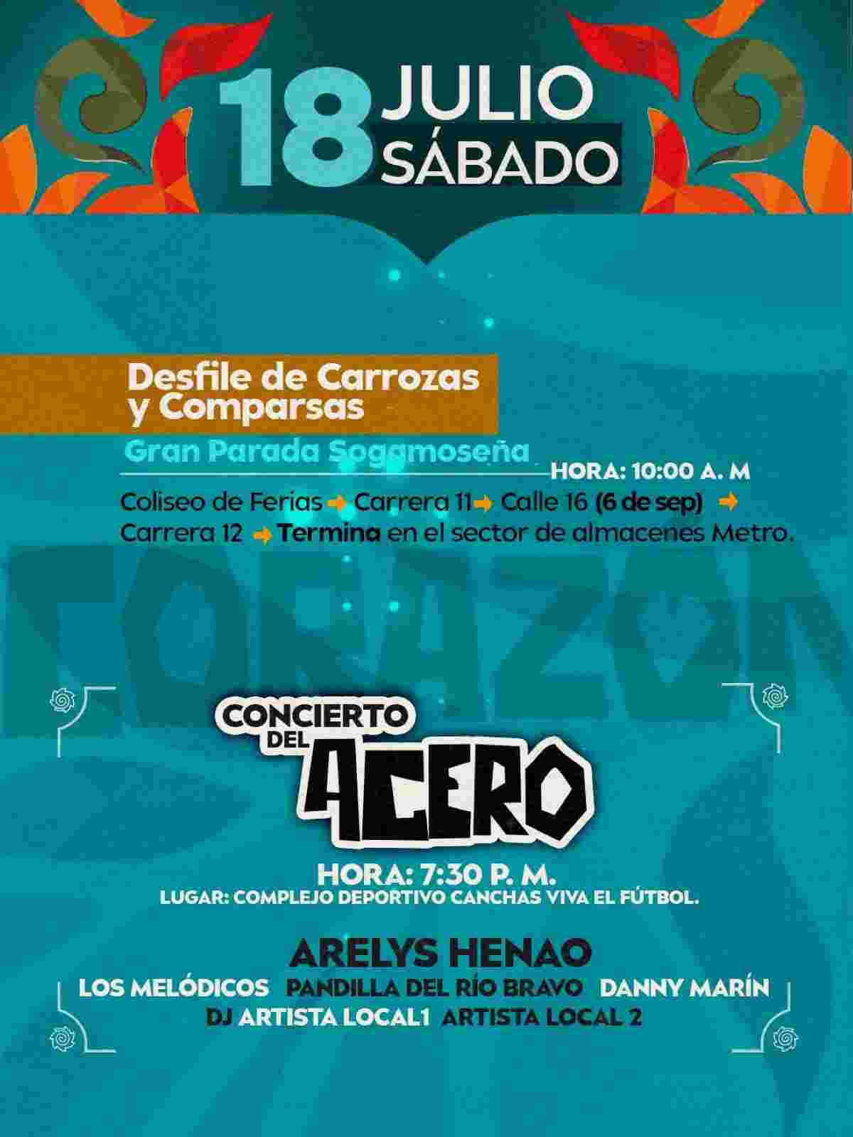 Programación oficial y conciertos día por día del Festival Internacional del Sol y del Acero 2026 en Sogamoso, Boyacá.