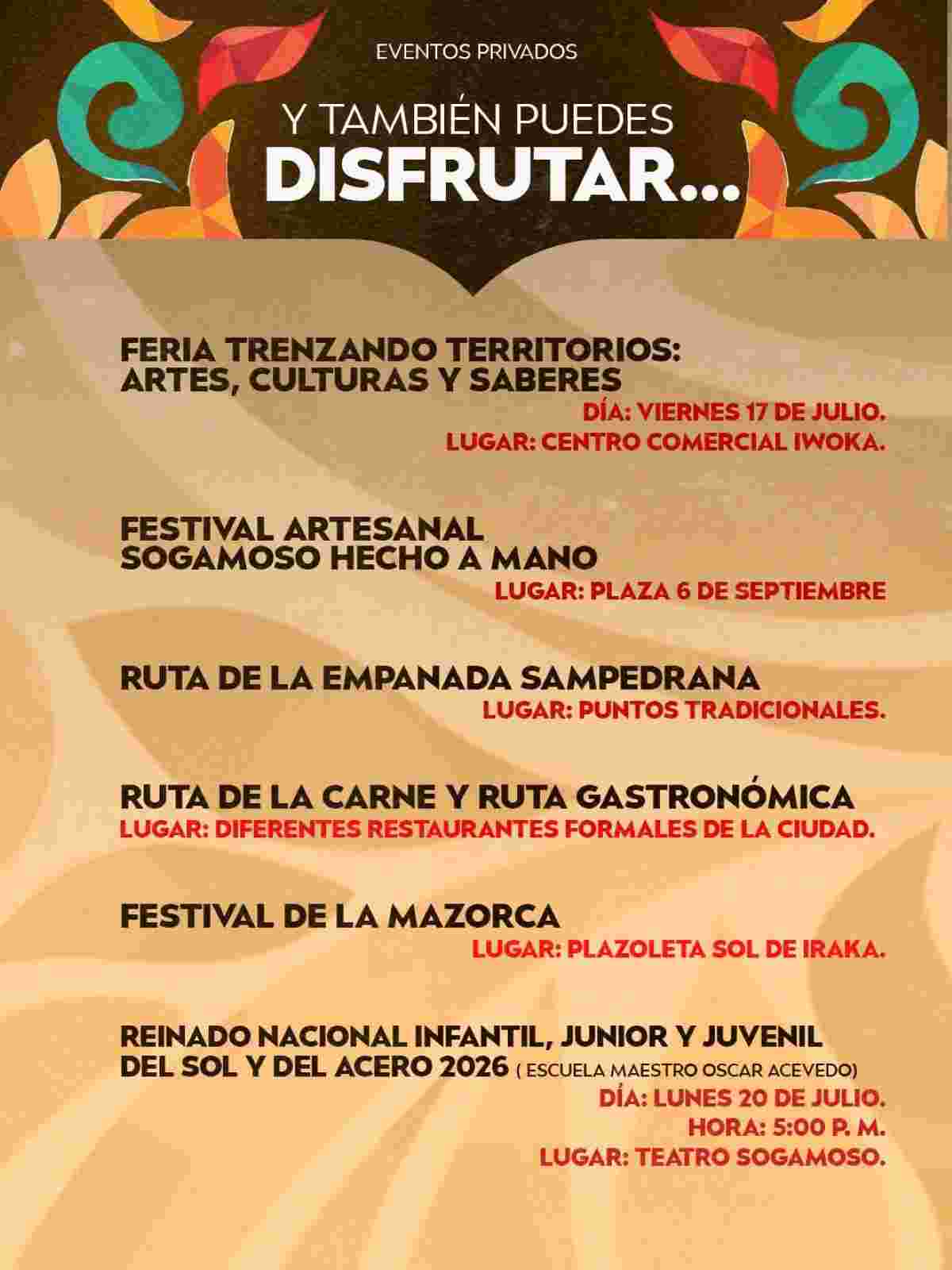 Programación oficial y conciertos día por día del Festival Internacional del Sol y del Acero 2026 en Sogamoso, Boyacá.