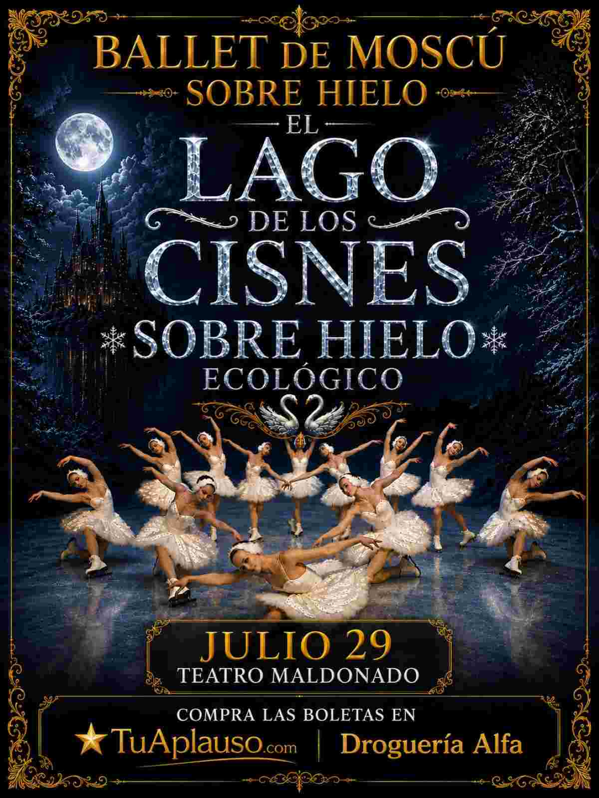 TUNJA: El Lago de los Cisnes sobre Hielo Ecológico con el Ballet de Moscú 2026 Afiche publicitario del espectáculo El Lago de los Cisnes sobre Hielo Ecológico del Ballet de Moscú en el Teatro Maldonado de Tunja.
