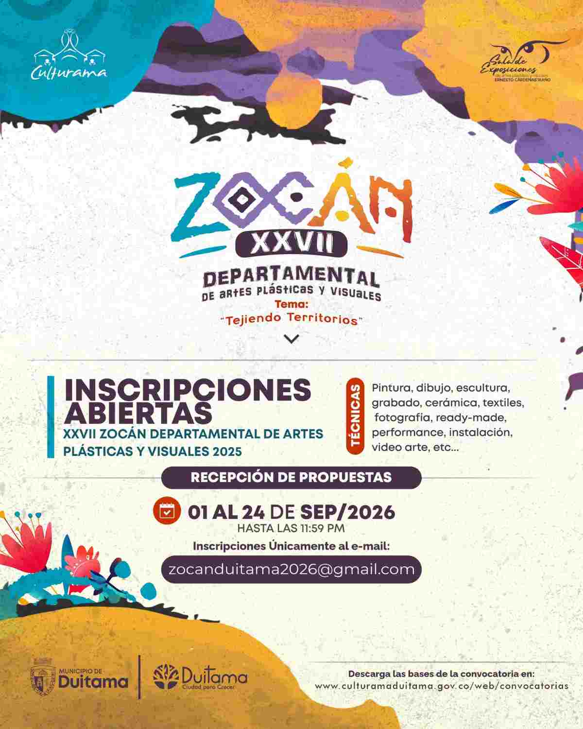 Afiche de la convocatoria del XXVII ZOCÁN Departamental de Artes Plásticas y Visuales 2026 organizado por Culturama Duitama bajo el tema Tejiendo Territorios