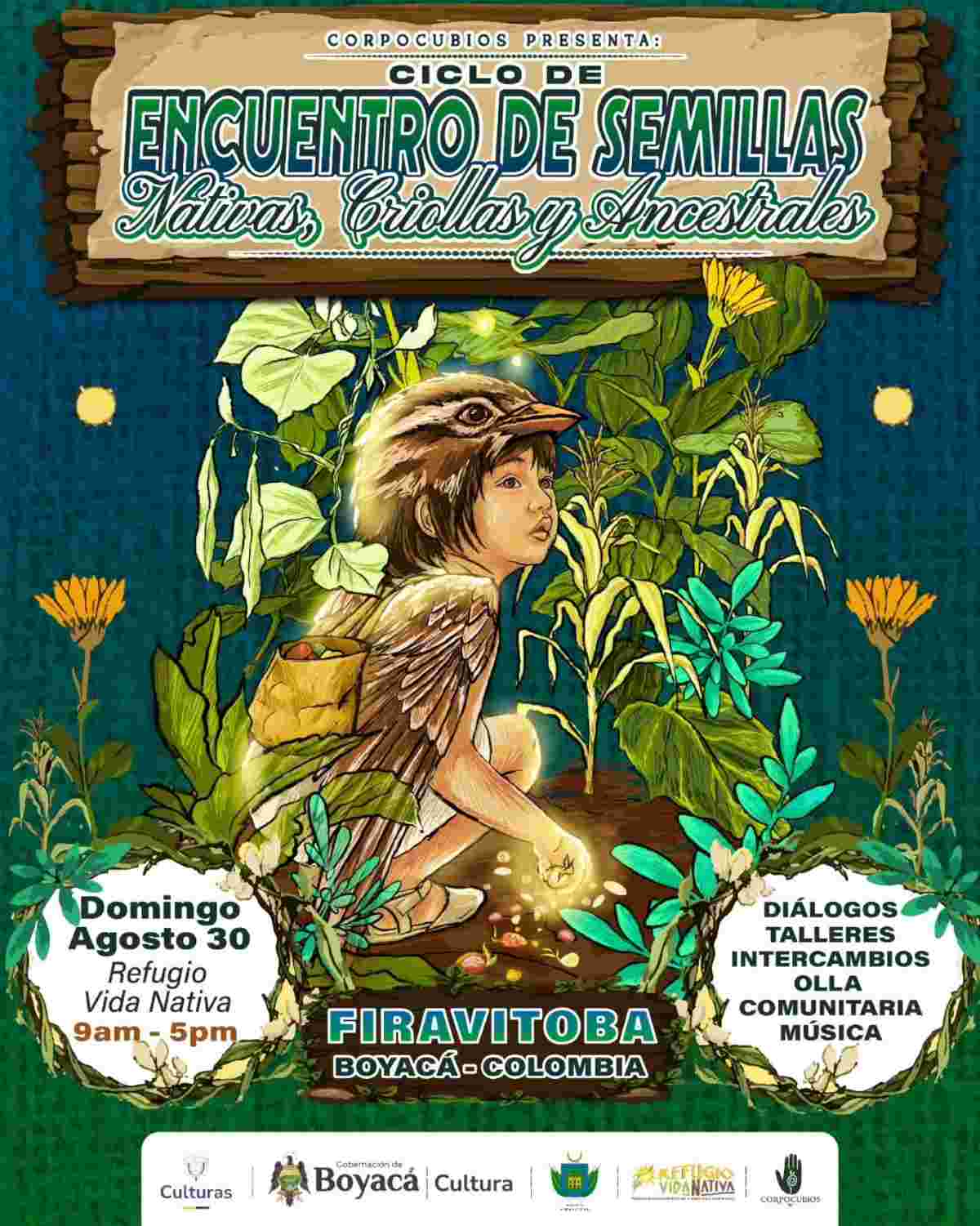 Afiche promocional del Ciclo de Encuentro de Semillas Nativas, Criollas y Ancestrales en el Refugio Vida Nativa de Firavitoba Boyacá 2026