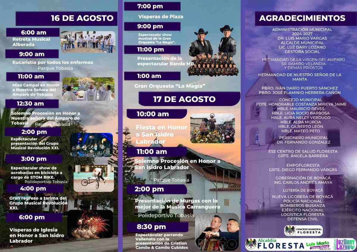 Afiche oficial de las Ferias y Fiestas 2026 en honor a Nuestra Señora del Amparo de Tobasía en Floresta, Boyacá.
