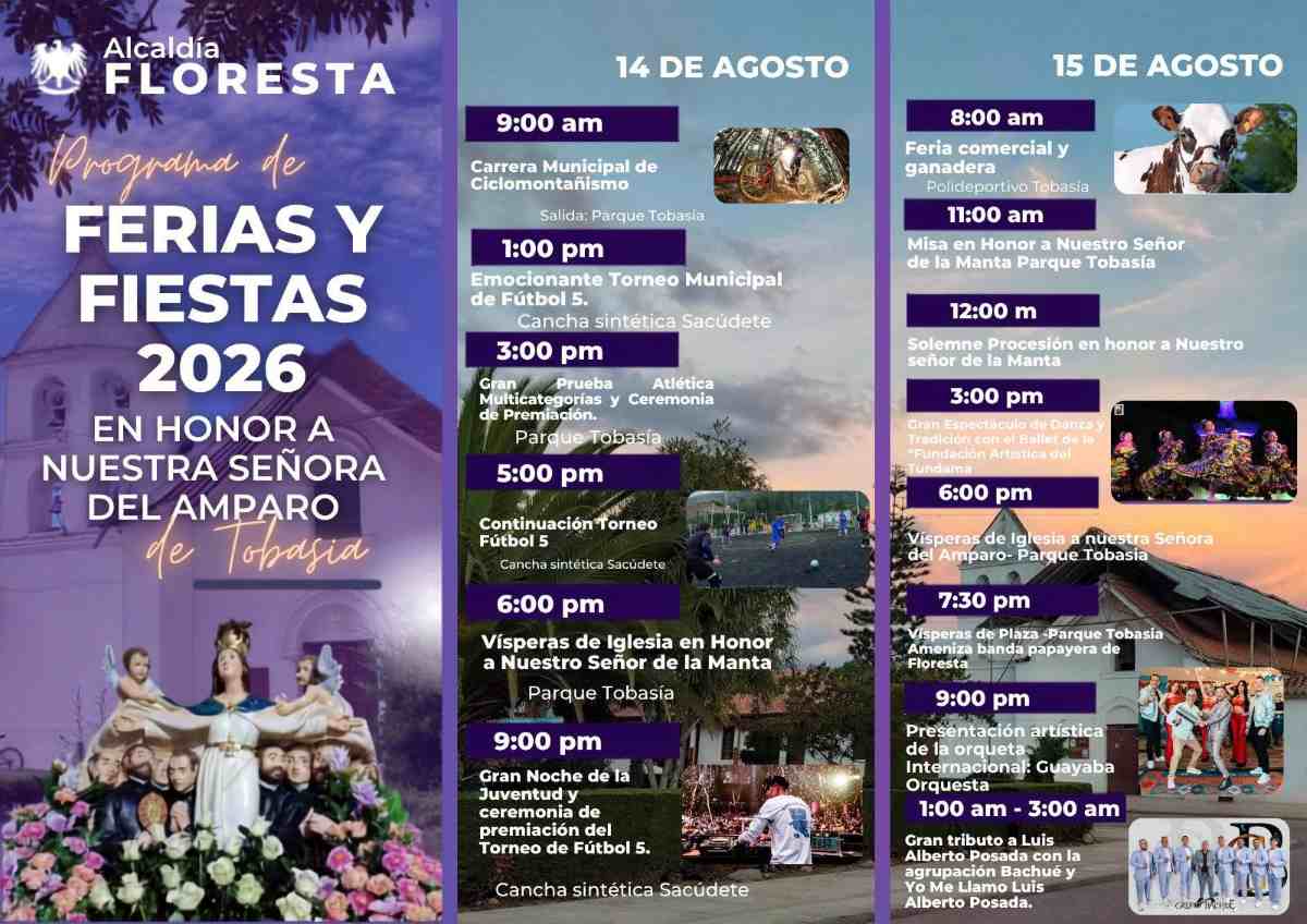 FLORESTA: Ferias y Fiestas 2026 en Honor a Nuestra Señora del Amparo de Tobasía Afiche oficial de las Ferias y Fiestas 2026 en honor a Nuestra Señora del Amparo de Tobasía en Floresta, Boyacá.