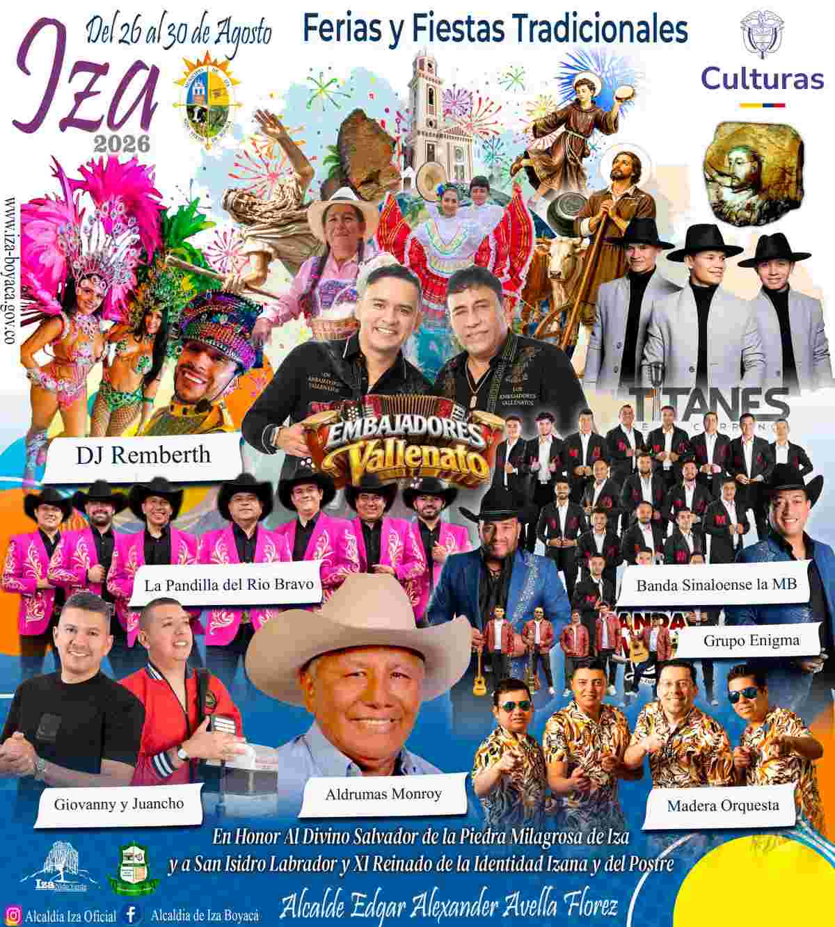 Afiche oficial de las Ferias y Fiestas Tradicionales de Iza 2026 Afiche publicitario de las Ferias y Fiestas Tradicionales de Iza Boyacá 2026 en honor al Divino Salvador de la Piedra Milagrosa y San Isidro Labrador