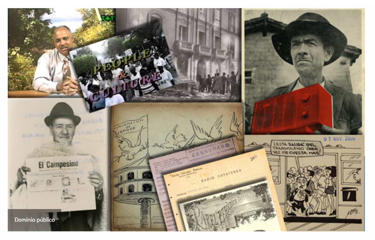 Afiche oficial del encuentro Relatos de Región desde la Literatura y el Periodismo Tunja Collage fotográfico e histórico sobre medios de comunicación, radio, periódicos y archivos de prensa en Colombia para el evento de periodismo y literatura en Tunja