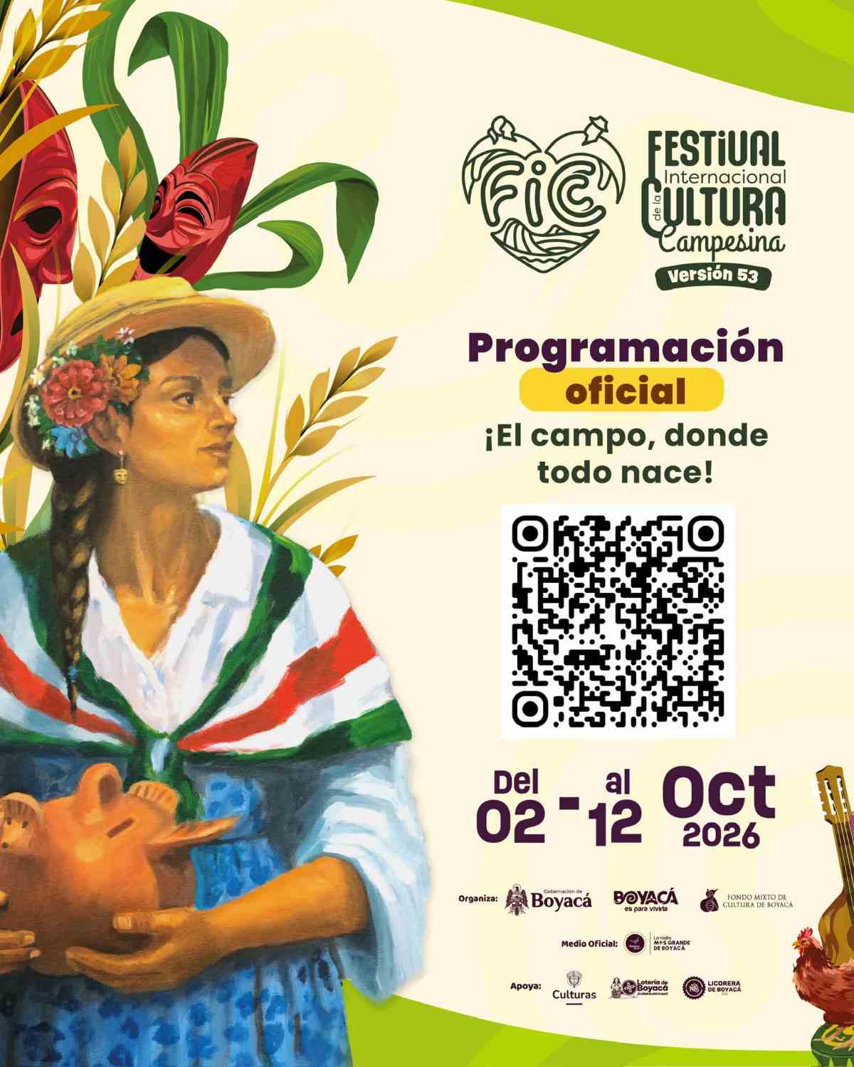 Afiche promocional del 53° Festival Internacional de la Cultura Campesina FICC 2026 con ilustración de una mujer campesina boyacense sosteniendo una vasija de barro rodeada de mazorcas, espigas y máscaras teatrales