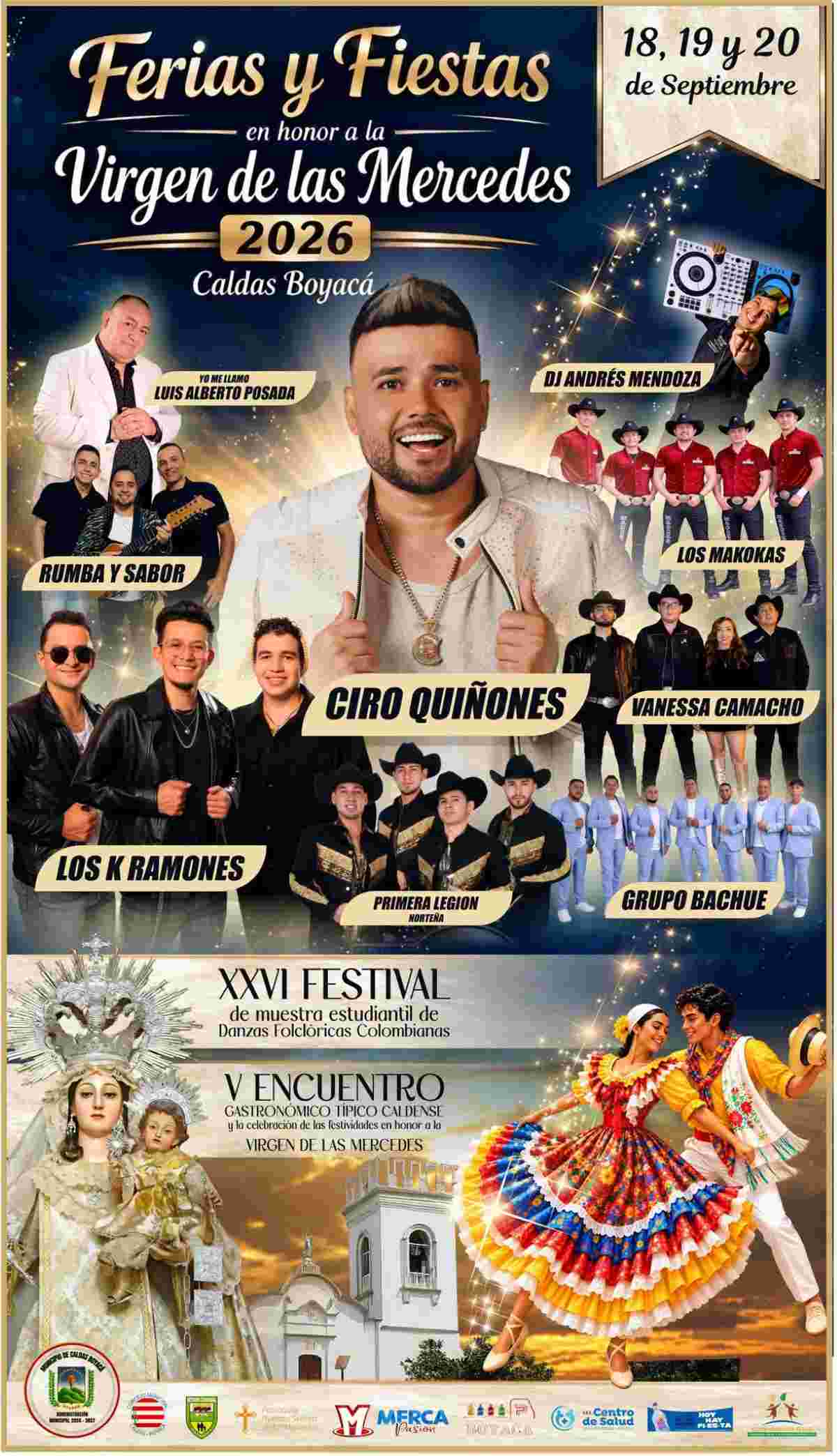 Afiche promocional de las Ferias y Fiestas en honor a la Virgen de las Mercedes 2026 en Caldas Boyacá con la imagen de la patrona, muestra de danzas y artistas invitados