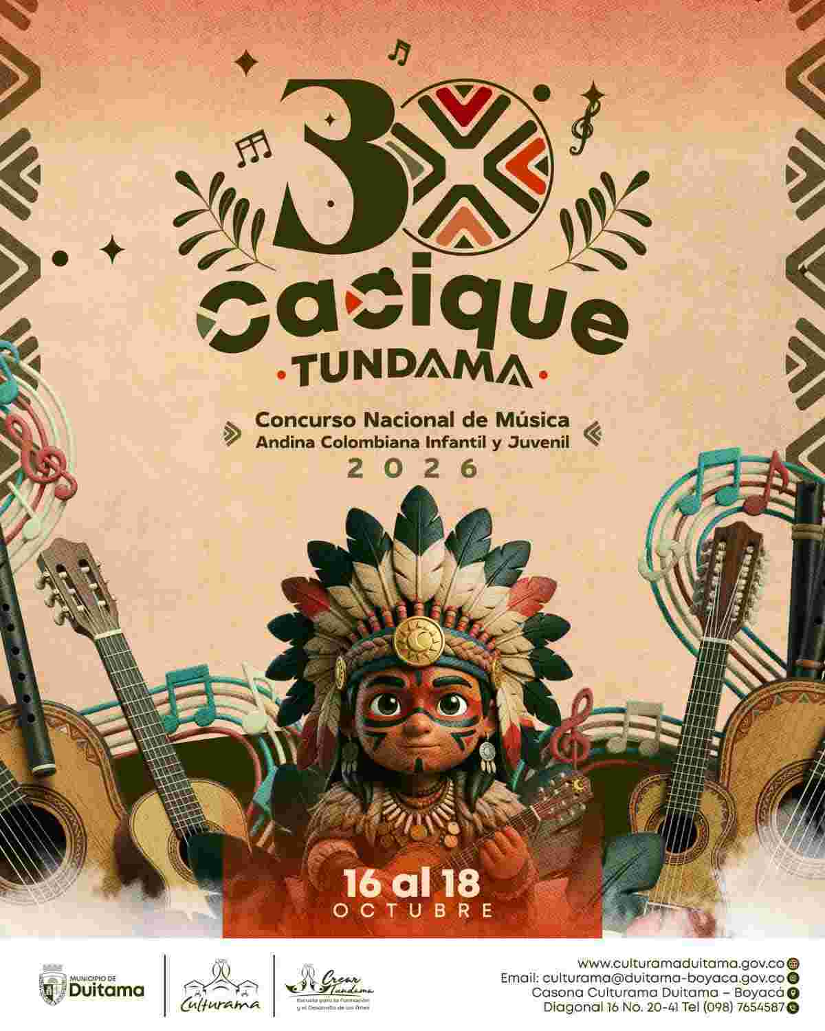 Afiche oficial del 30° Concurso Nacional de Música Andina Colombiana Infantil y Juvenil Cacique Tundama 2026 Afiche promocional del 30° Concurso Nacional Cacique Tundama en Duitama Boyacá con ilustración de un personaje indígena con tocado de plumas sosteniendo un tiple rodeado de guitarras e instrumentos autóctonos