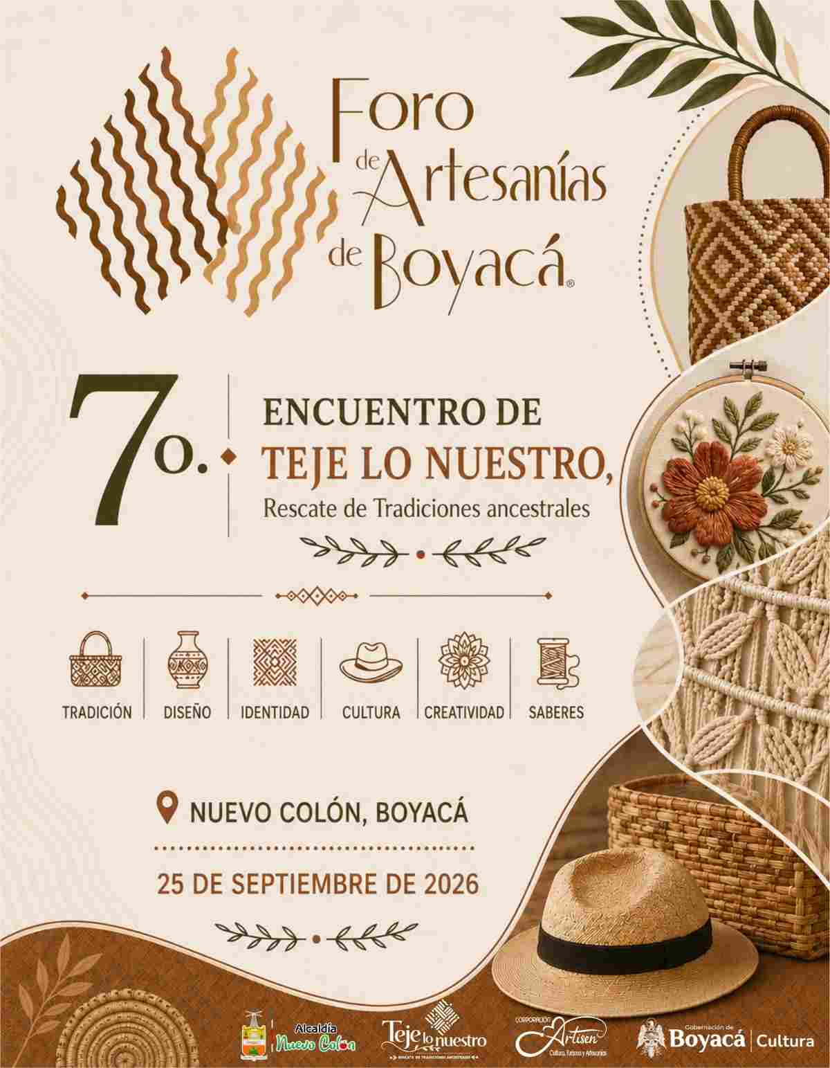 Afiche promocional del Foro de Artesanías de Boyacá y 7° Encuentro de Teje Lo Nuestro en Nuevo Colón Boyacá con elementos de cestería, tejido y bordado artesanal