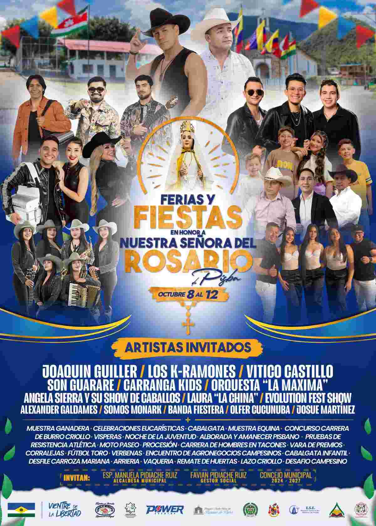 Afiche promocional de las Ferias y Fiestas en honor a Nuestra Señora del Rosario 2026 en Pisba Boyacá con la virgen patrona en el centro y la nómina de artistas sobre fondo festivo