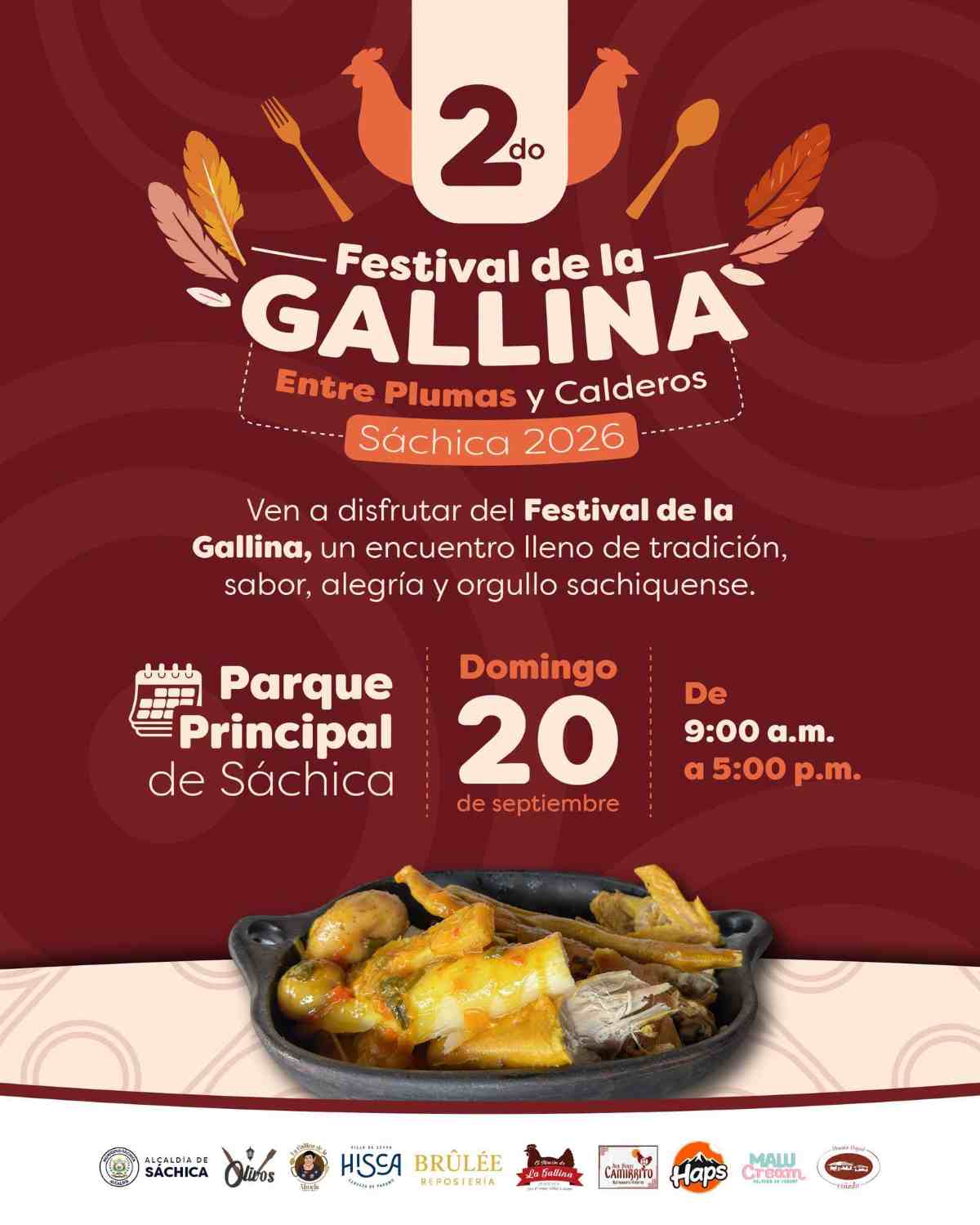 Afiche oficial del 2° Festival de la Gallina Entre Plumas y Calderos Sáchica 2026 Afiche promocional del 2° Festival de la Gallina en Sáchica Boyacá con la imagen de una cazuela de barro con gallina criolla servida y plumas ilustradas de fondo