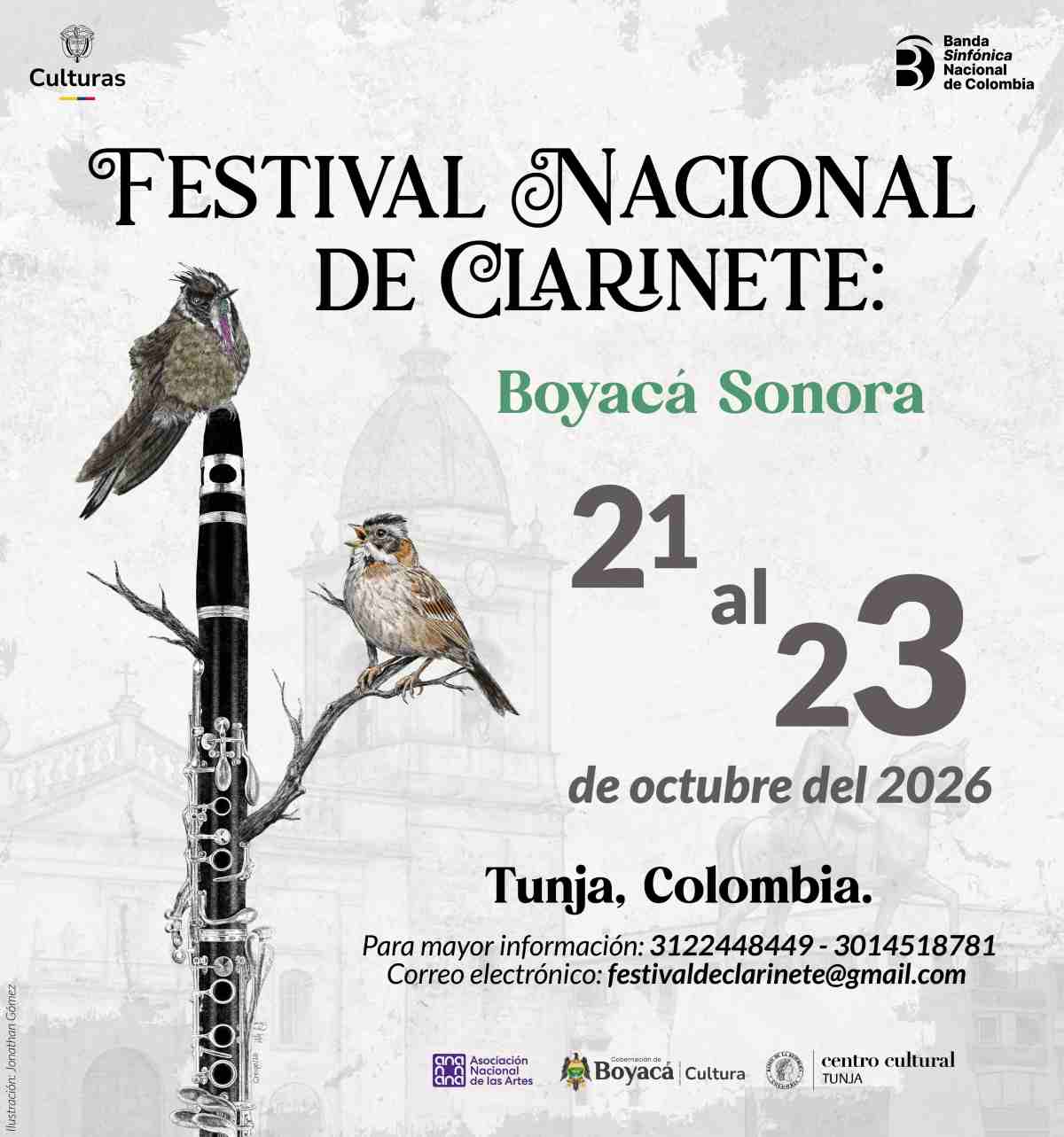 Afiche promocional del Festival Nacional de Clarinete Boyacá Sonora en Tunja con una ilustración artística de un clarinete Y aves posadas en ramas frente al perfil arquitectónico de la ciudad