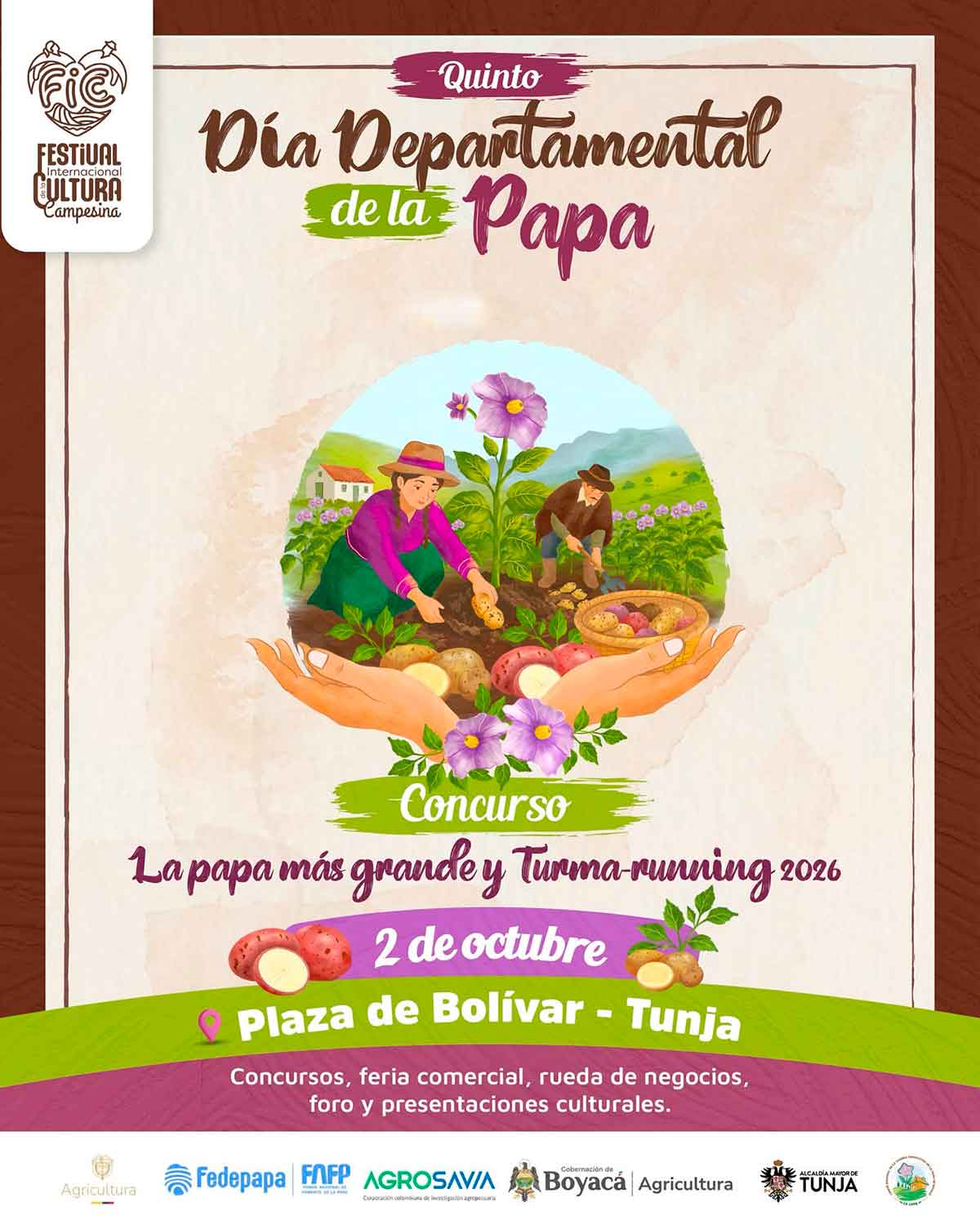 Afiche promocional del Quinto Día Departamental de la Papa 2026 en Tunja Boyacá con una ilustración circular de campesinos cosechando en el campo rodeados de variedades de papa y flores sobre unas manos protectoras