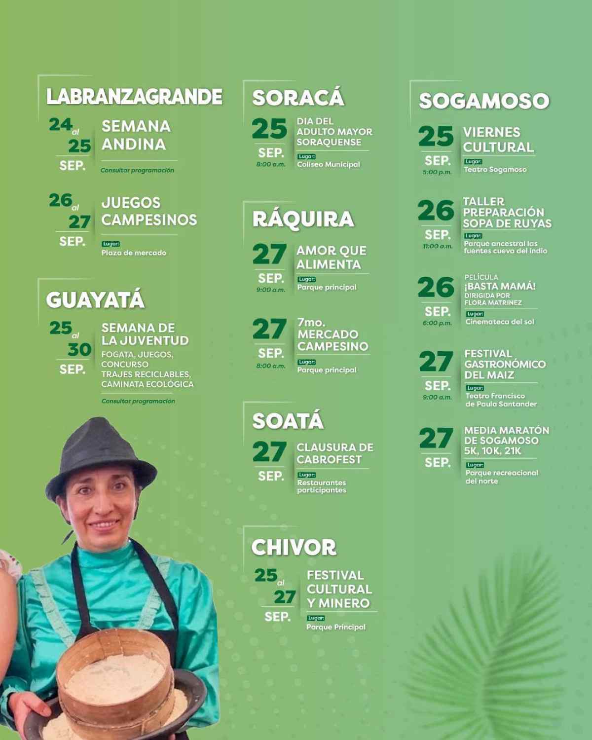 Piezas gráficas promocionales de la campaña Vamos a Puebliar por Boyacá del 22 al 30 de septiembre de 2026 con el listado de eventos culturales, gastronómicos y turísticos por municipios
