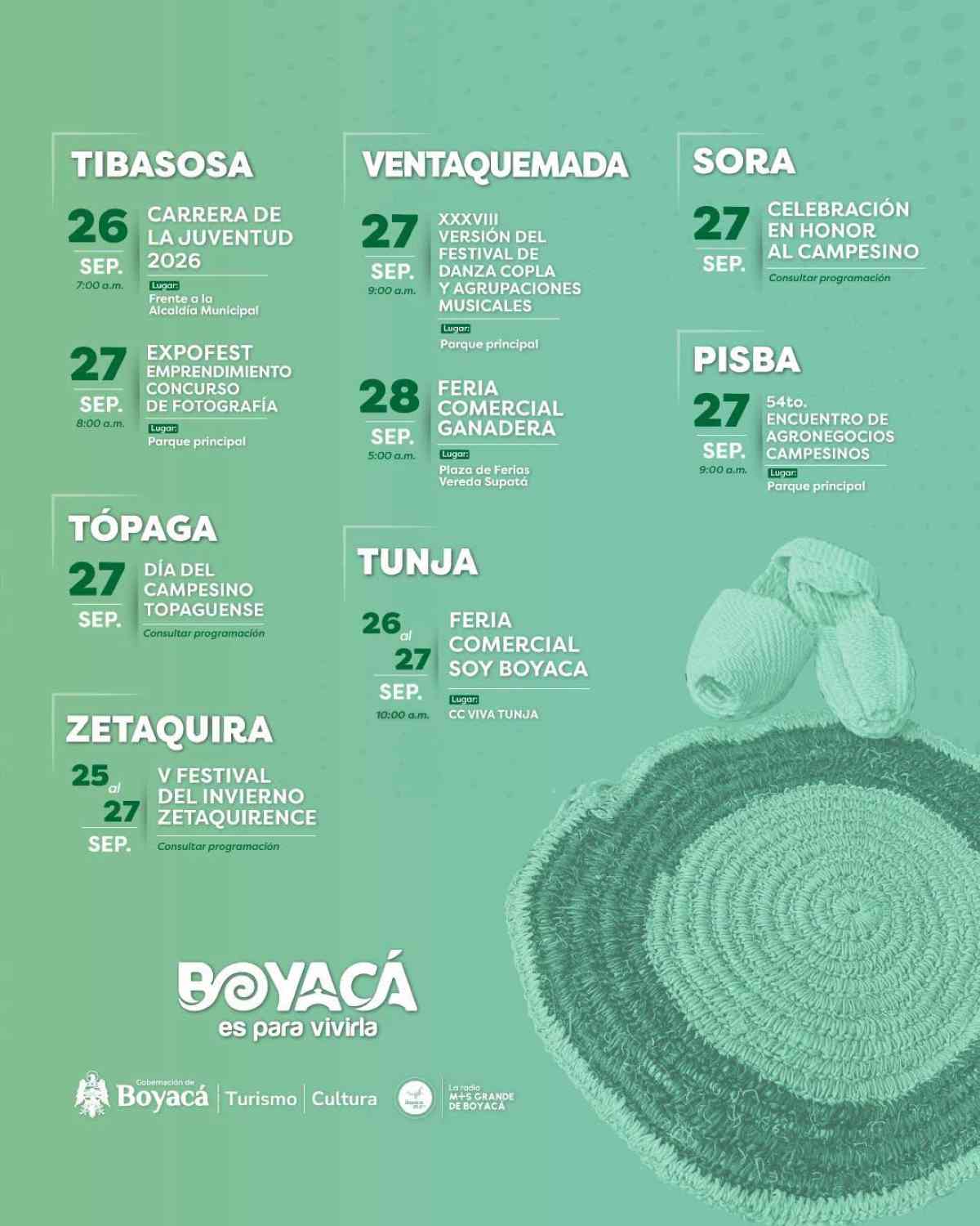Piezas gráficas promocionales de la campaña Vamos a Puebliar por Boyacá del 22 al 30 de septiembre de 2026 con el listado de eventos culturales, gastronómicos y turísticos por municipios